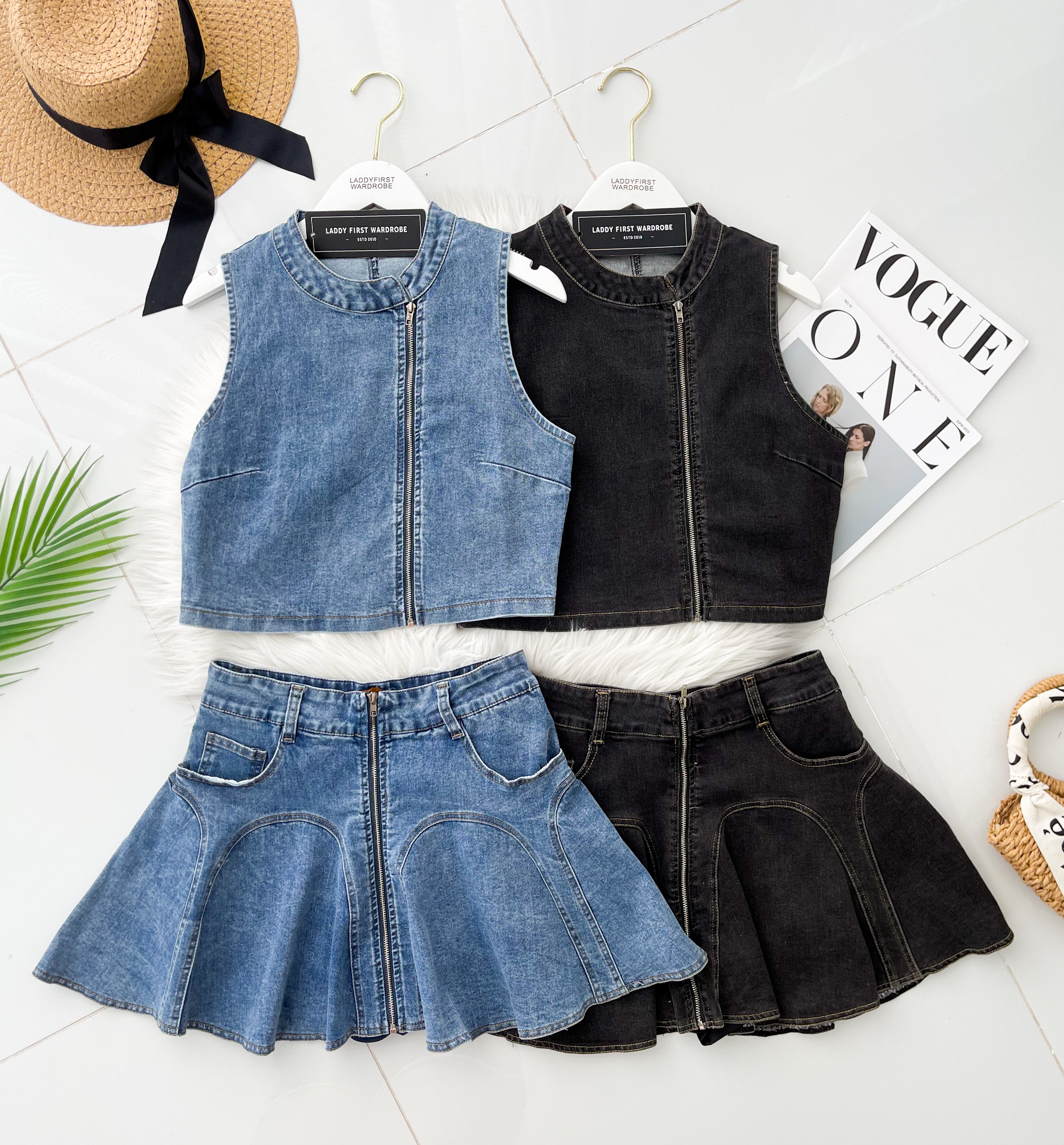 【SS121465】两件质减龄温柔风牛仔COTTON JEANS套装 马甲式无袖牛仔上衣➕牛仔高腰百搭裙子，内层有里布短裤 ❤️❤️