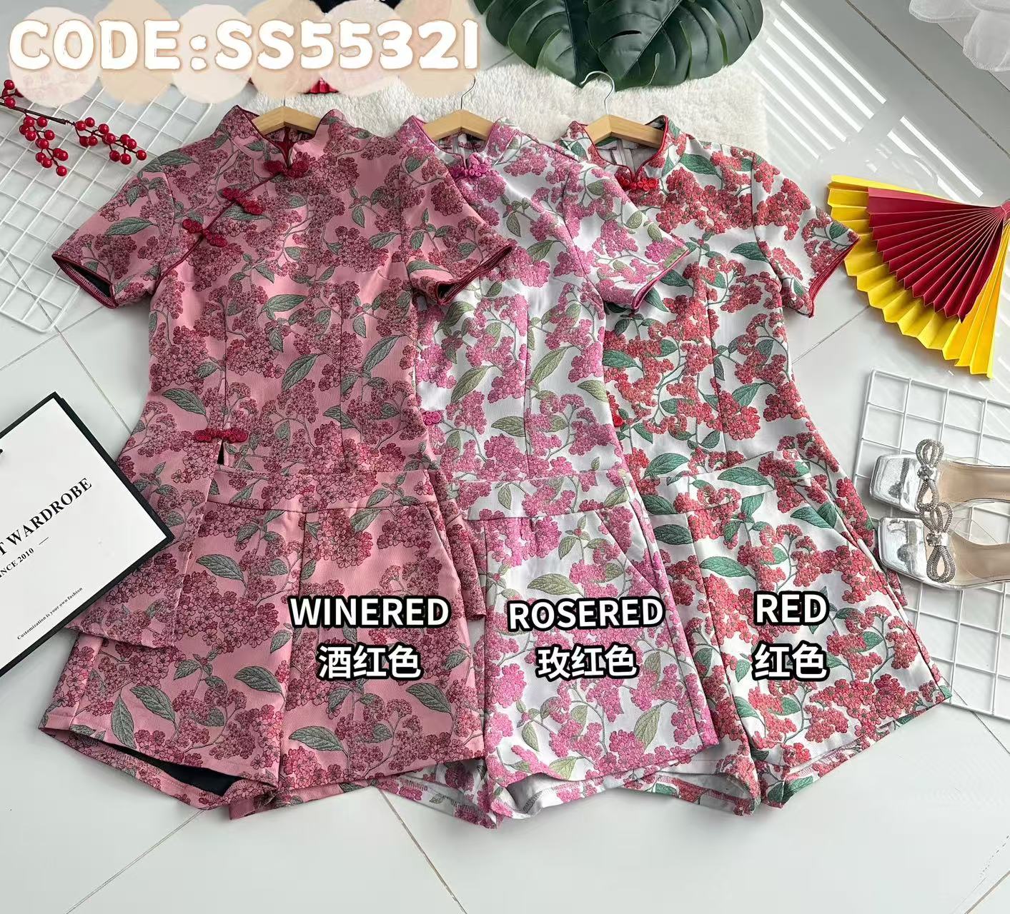 【SS55321】高品质两件式高端气质中式提花旗袍套装质套装  立领盘扣短袖旗袍连衣裙➕提花高腰短裤，有口袋 ❤️❤️
