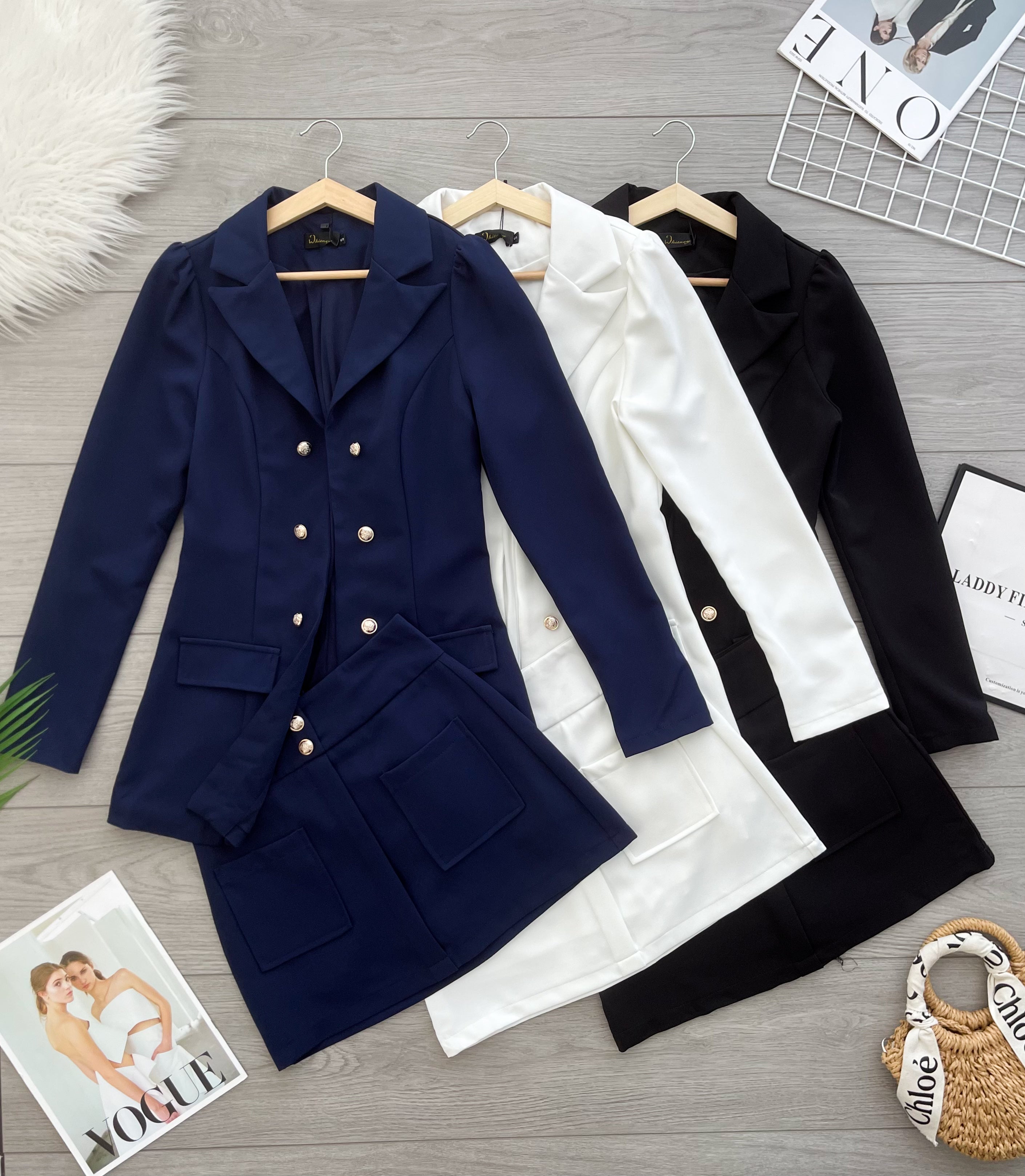 【SS16859】【补厂家现货⚡⚡】高品质两件式韩风欧美时尚西装套装 翻领长袖西装外套➕西装高腰百搭裙子，有口袋 ❤️❤️