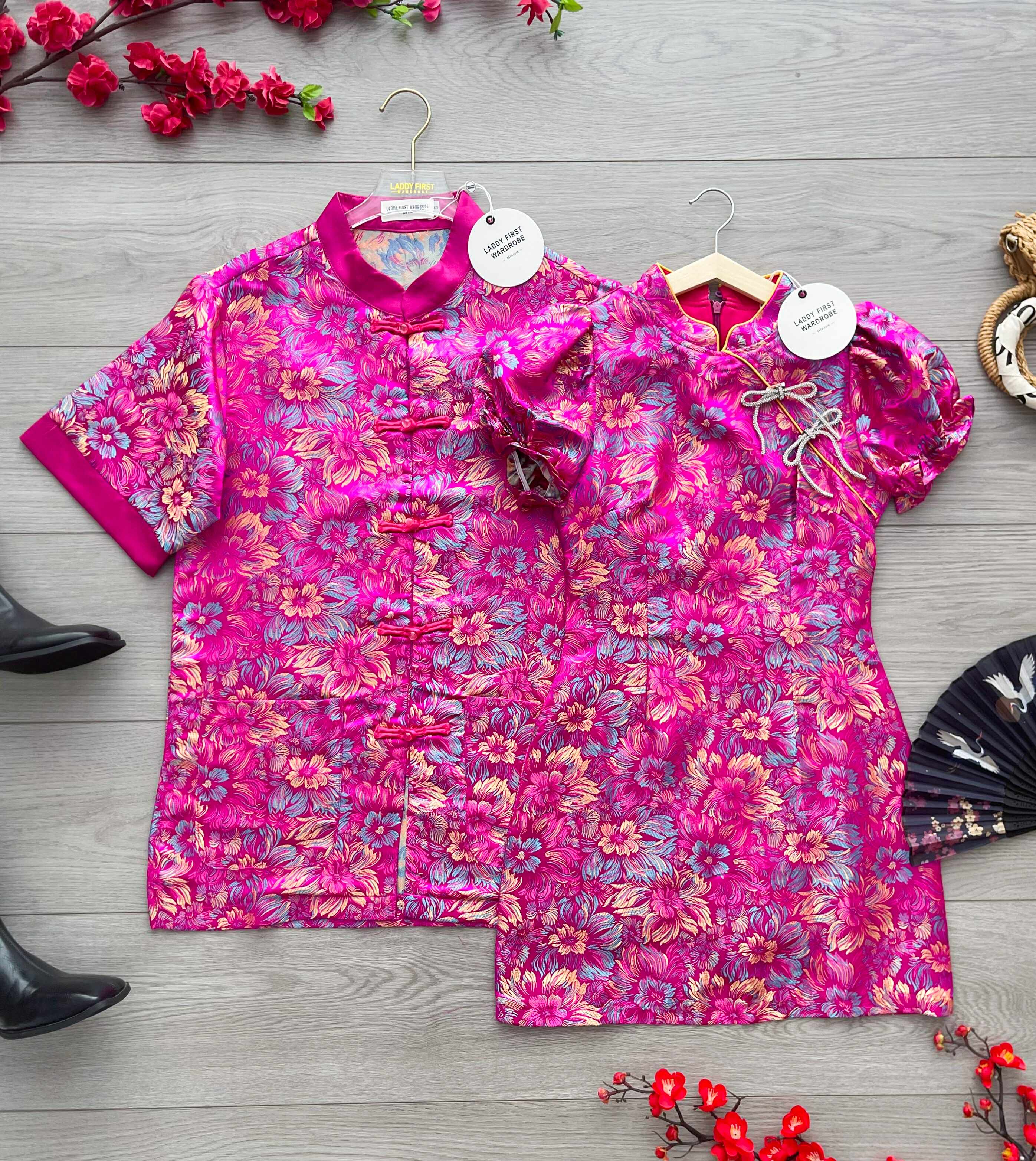 【D8235271】独家爆款优雅气质国风立领泡泡袖显腰身提花旗袍连身裙子，搭配精致蝴蝶结水钻针扣点缀【B-R3-C4】