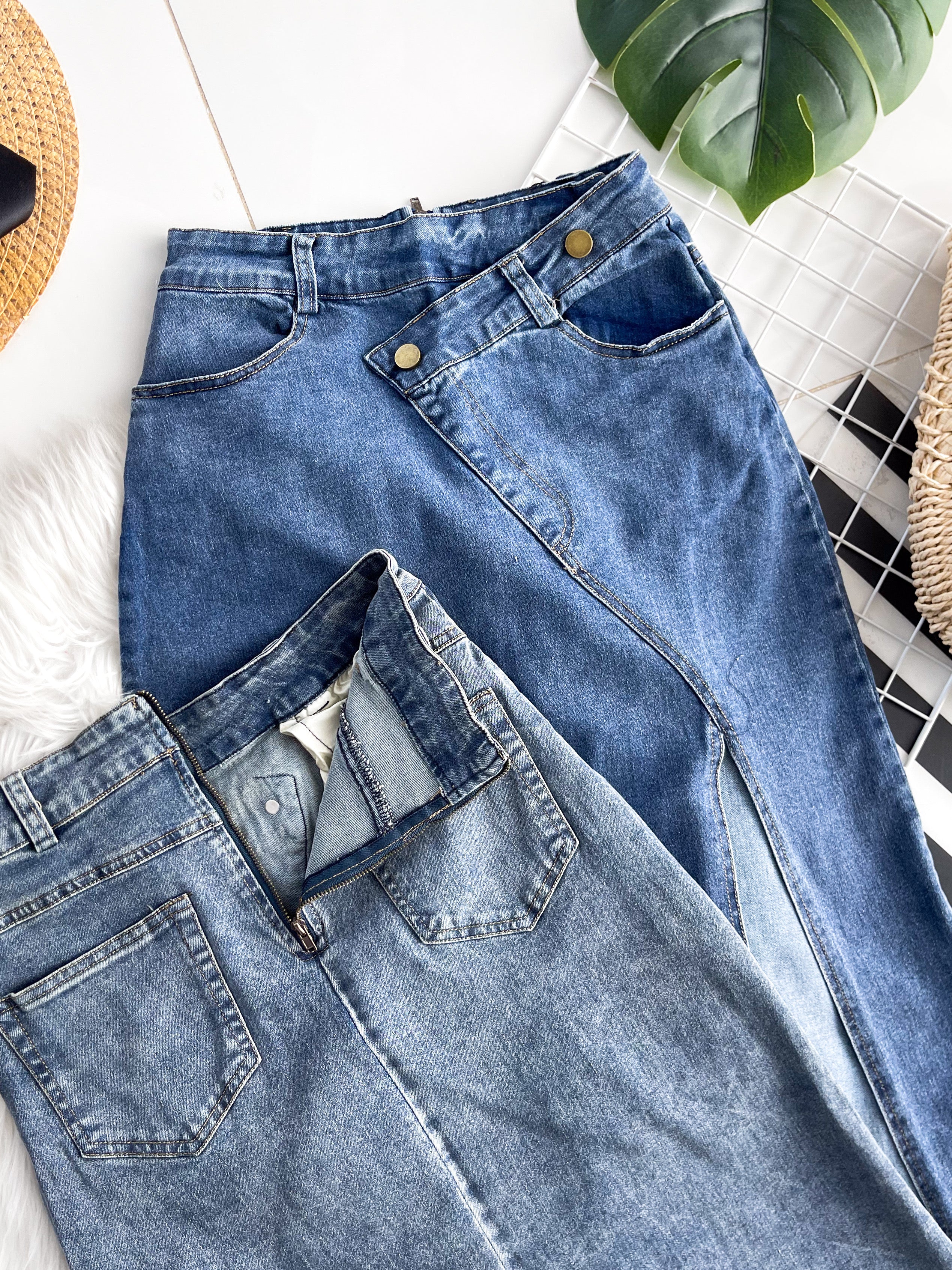 【L121417】高品质COTTON JEANS牛仔弹力韩系时尚开叉设计高腰裙子，有口袋 ❤️❤️