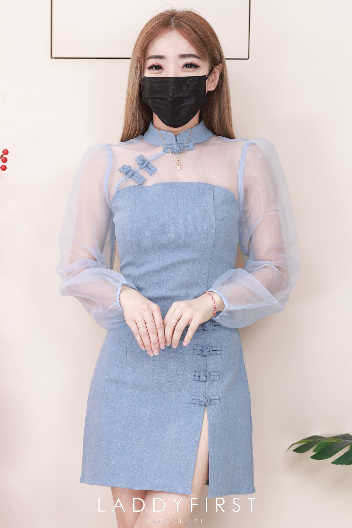 【D2640】高品质优雅气质透视网纱拼接牛仔旗袍连身裙子 ❤❤【B-R2-C4】