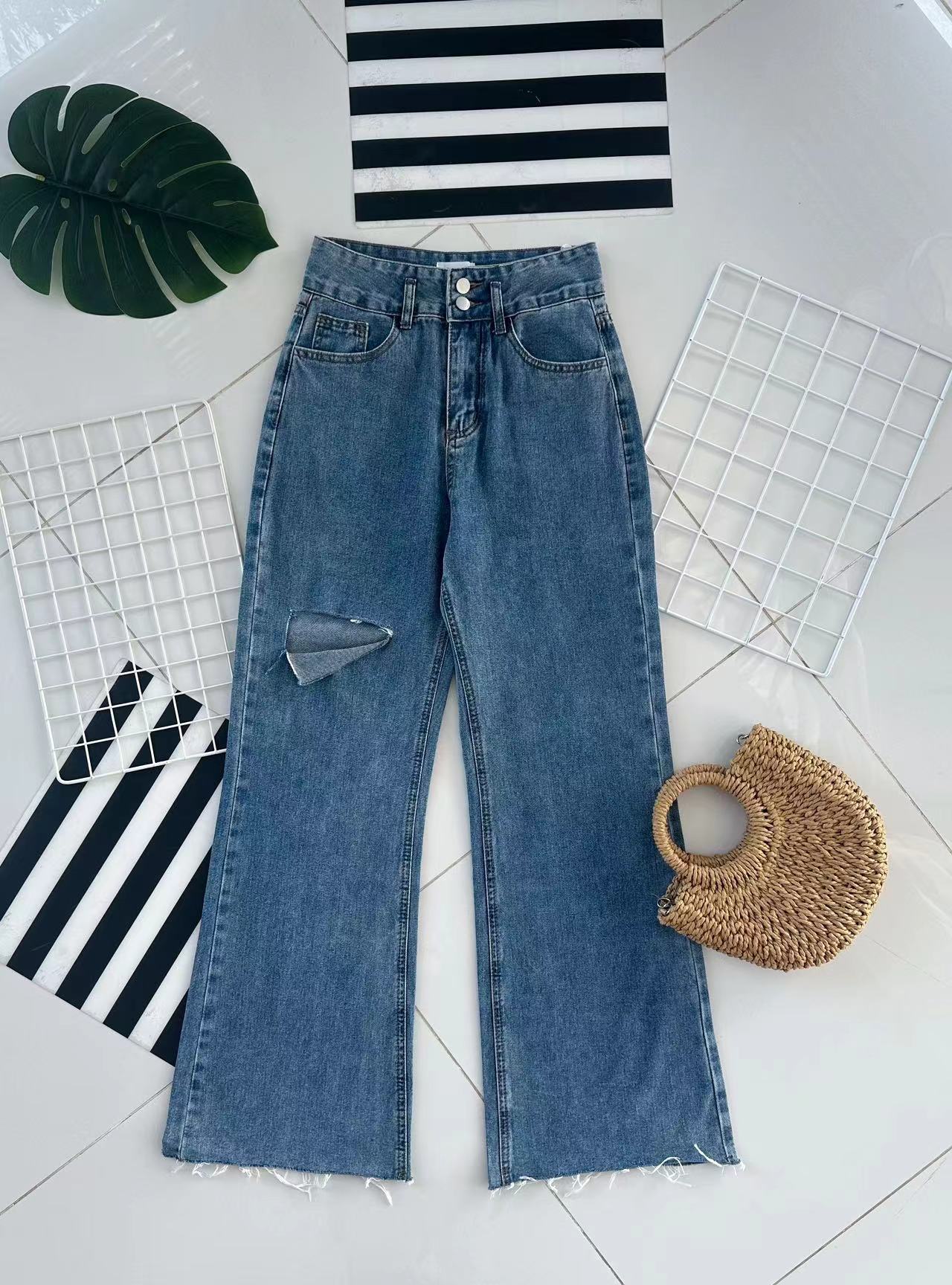 【L61183】高品质气质牛仔高腰阔脚休闲百搭长裤，有口袋 ❤️❤️