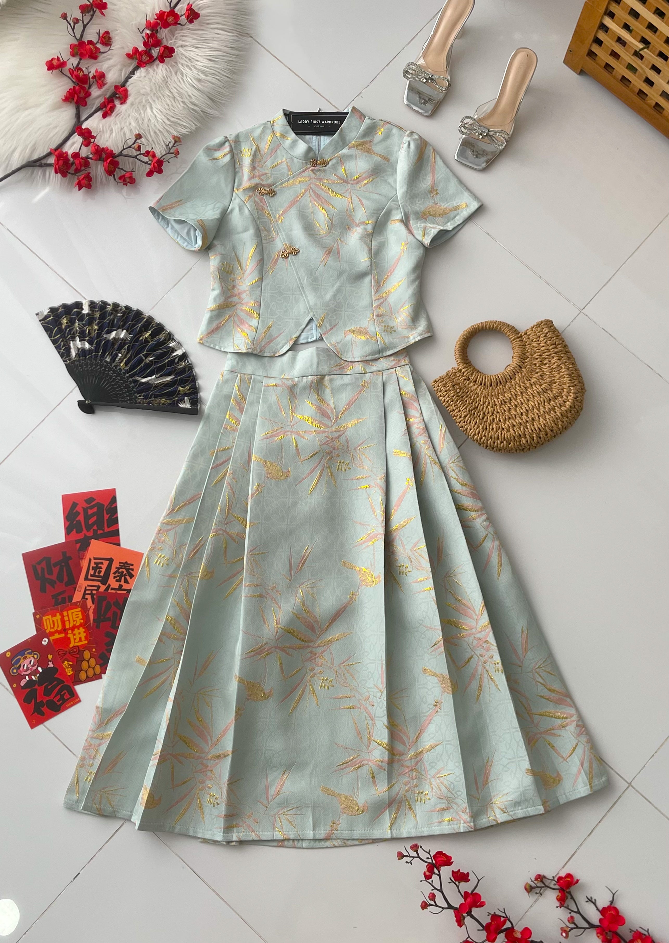 【SS614】【补厂家现货⚡⚡】高品质两件式高级感国风新中式马面裙提花旗袍套装 旗袍上衣➕马面长裙，有口袋 ❤️❤️