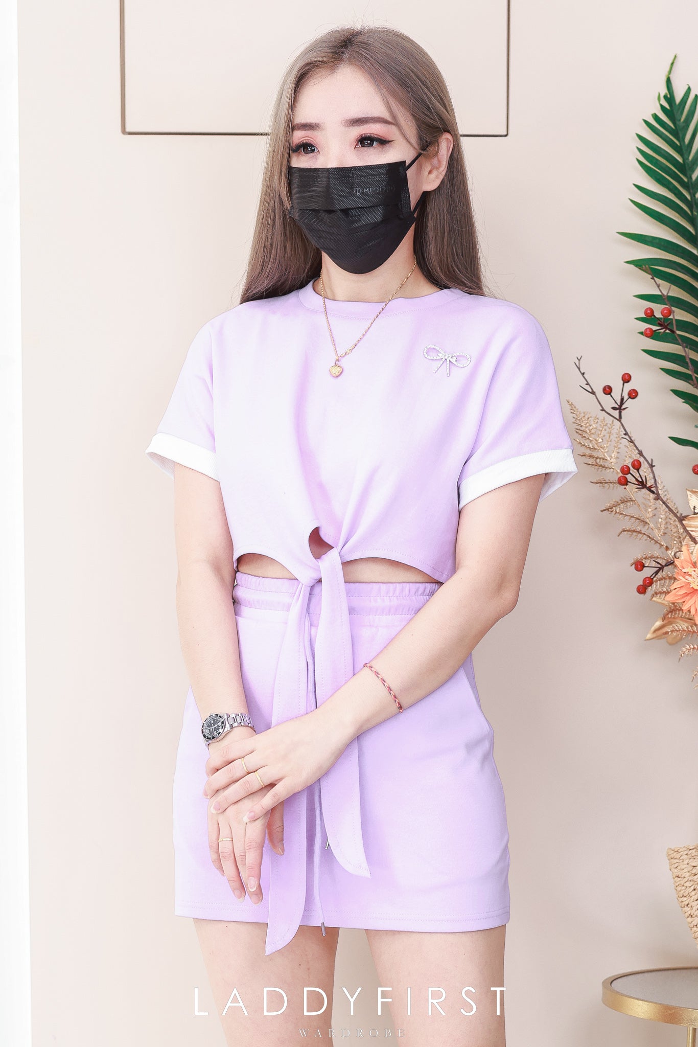 【SS21637 / 3343】高品质两件质卫衣棉韩系时尚清新休闲百搭套装 自辫蝴蝶结宽松上衣➕松紧腰弹力高腰百搭裙子，内层有里布短裤，有口袋 ❤️❤️