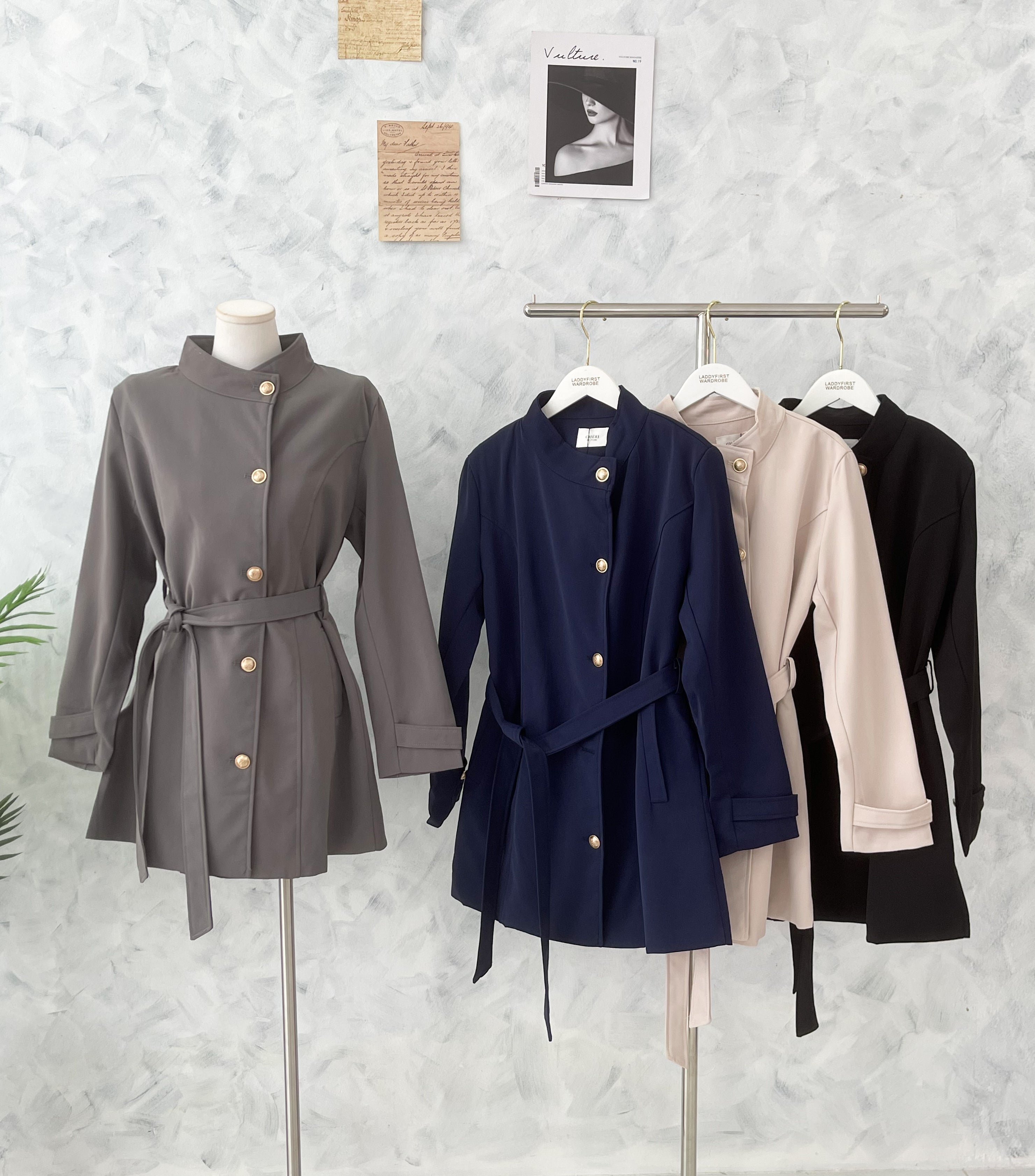 【JK2358】高品质韩式度假风气质立领长袖风衣外套/连身裙子，自辨腰带收腰，有口袋 ❤️❤️