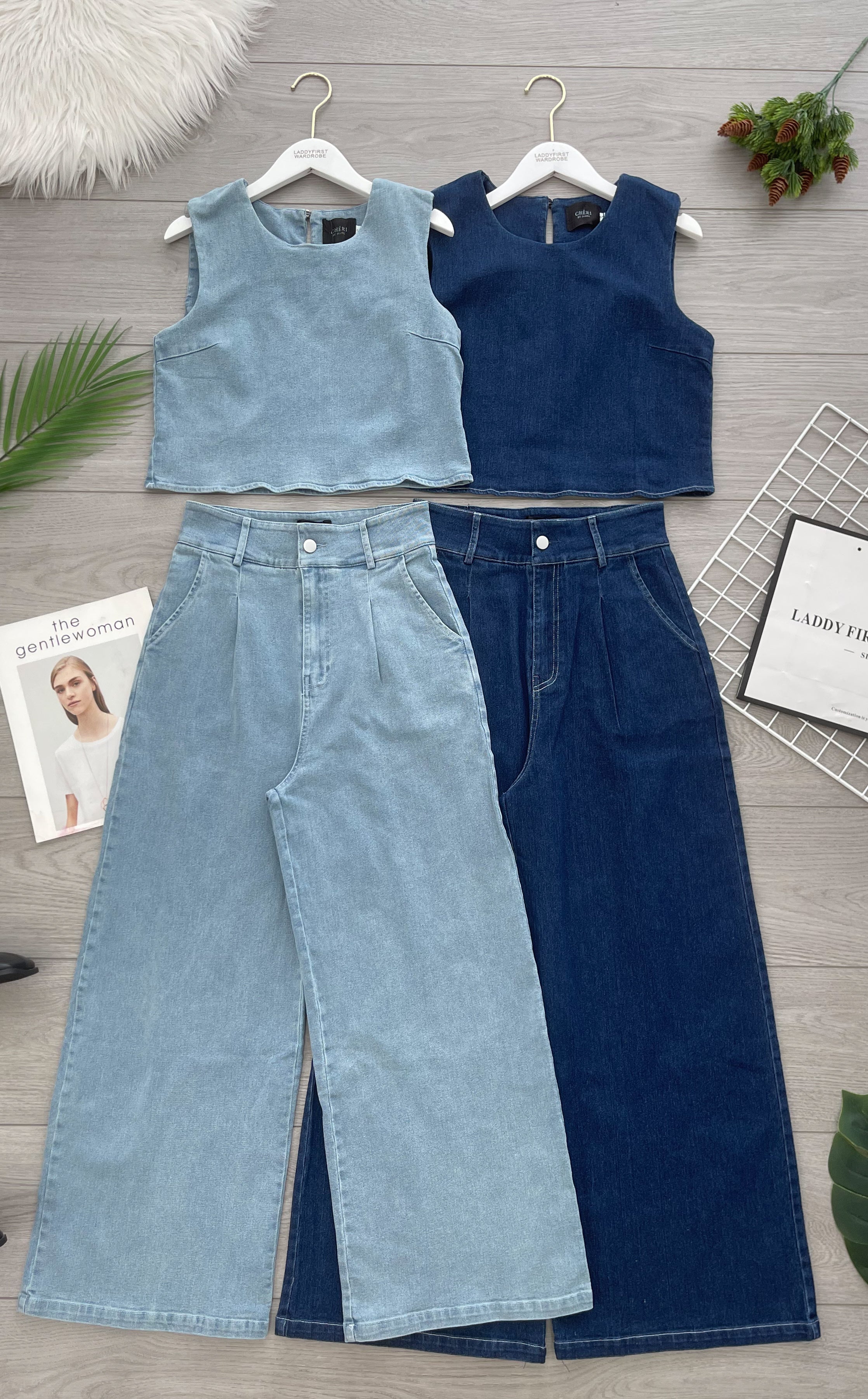 【SS2631】高品质两件式御姐风气质简约牛仔套装 宽松牛仔无袖上衣➕阔脚牛仔高腰百搭短裤，有口袋 ❤️❤️