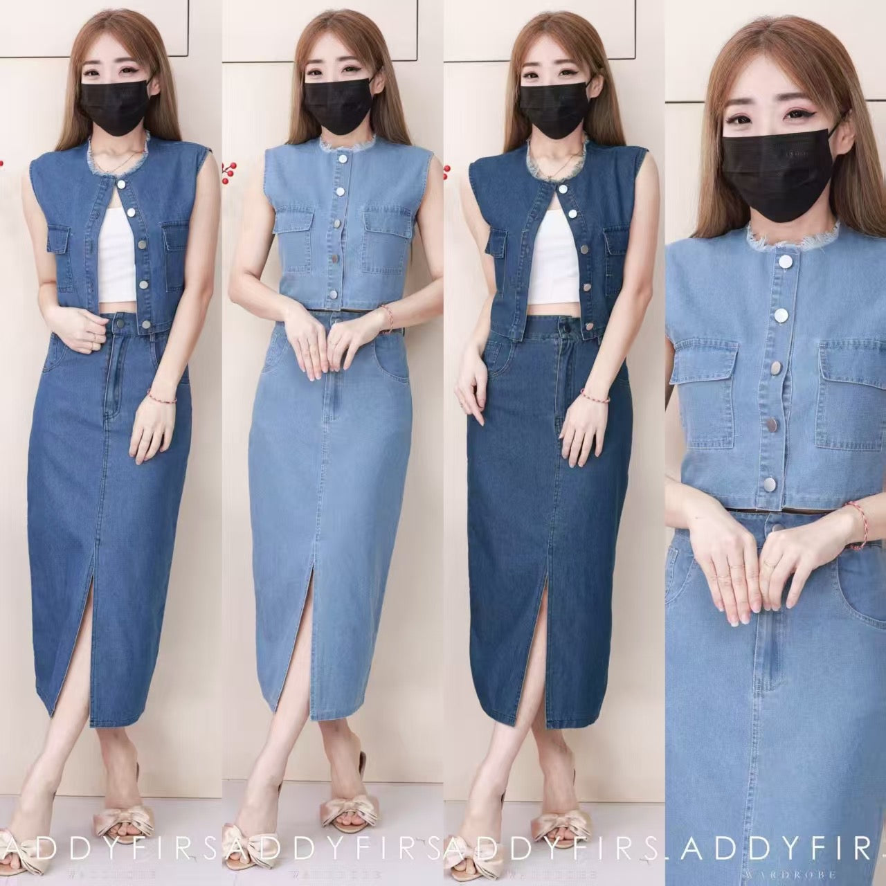 【SS520261】高品质两件式韩版马甲式牛仔套装 马甲式牛仔上衣➕中间开叉设计牛仔高腰百搭长裙，有口袋 ❤️❤️