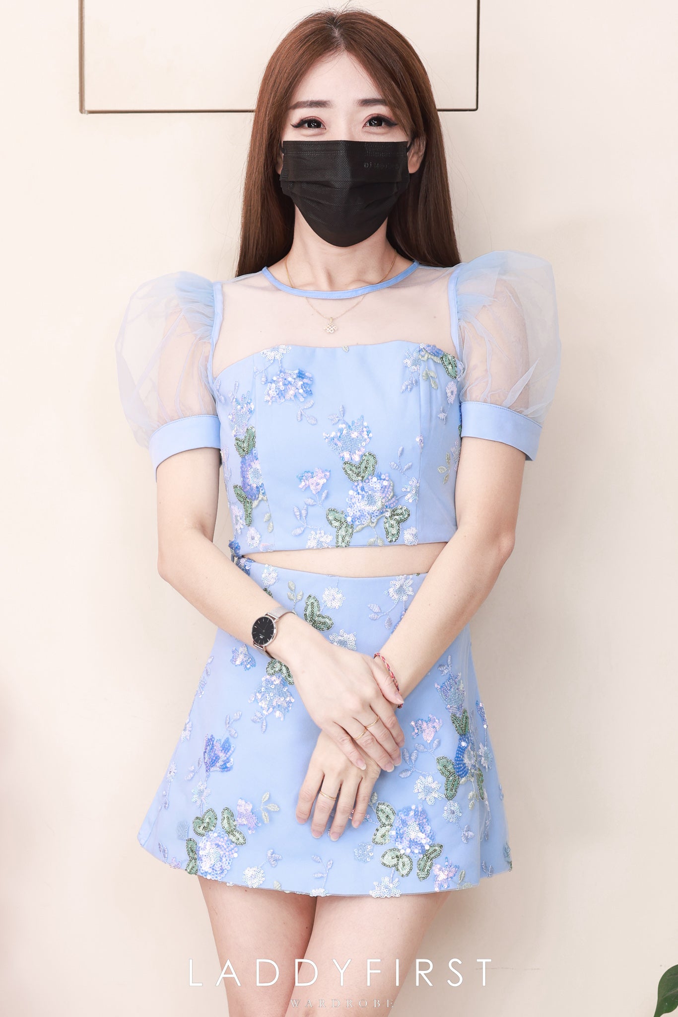 【SS25248】高品质全面网纱绣花亮片拼接西装套装 网纱泡泡袖上衣➕高腰前裙后裤 ❤️❤️ 【B-R1-C2】