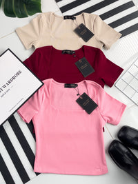 【T50152】LFW独家爆款高品质无痕双层方领短袖纯棉弹力简约日常百搭款上衣 ❤❤ 【A-R1-C3】