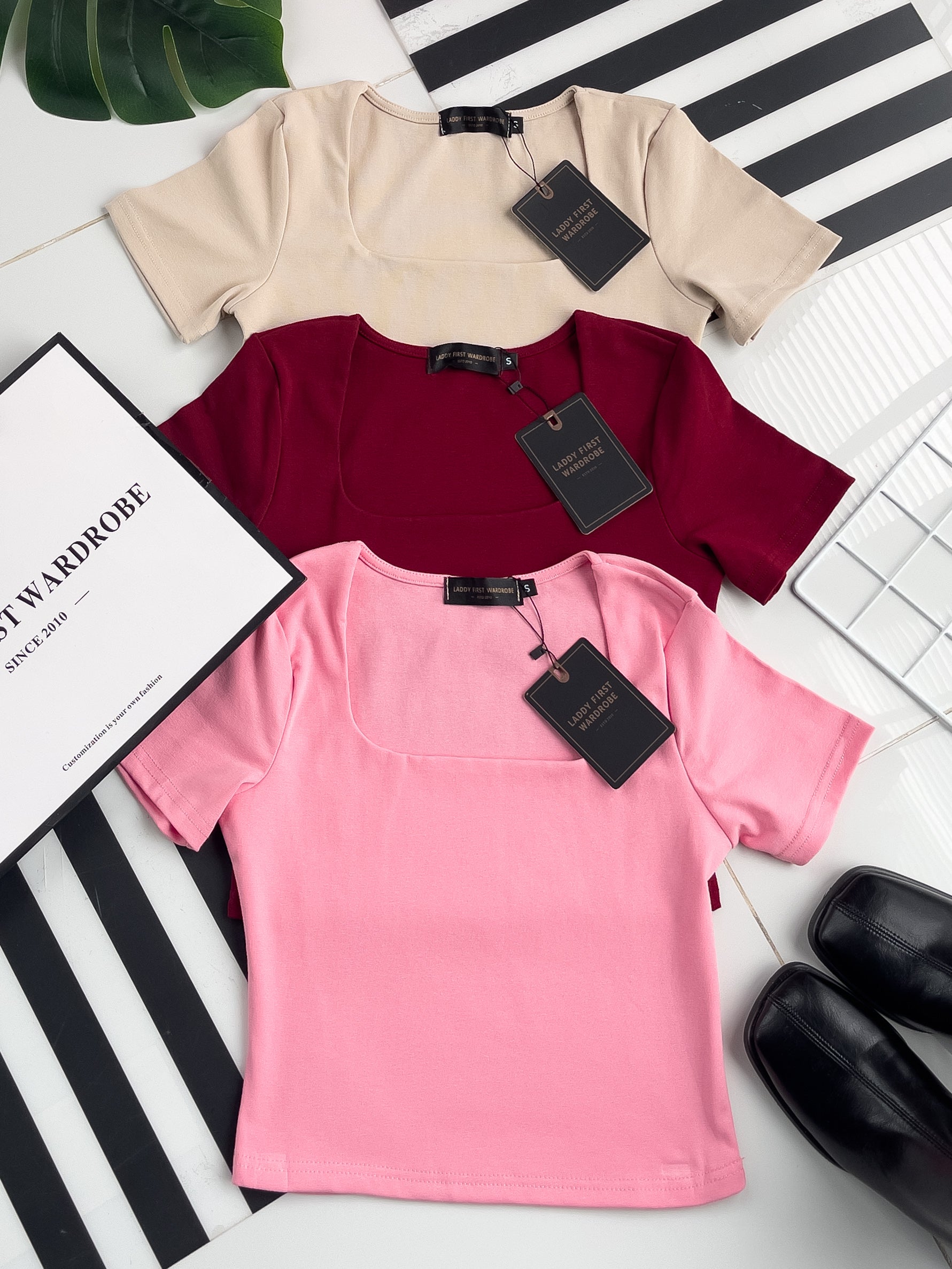 【T50152】LFW独家爆款高品质无痕双层方领短袖纯棉弹力简约日常百搭款上衣 ❤❤ 【A-R1-C3】