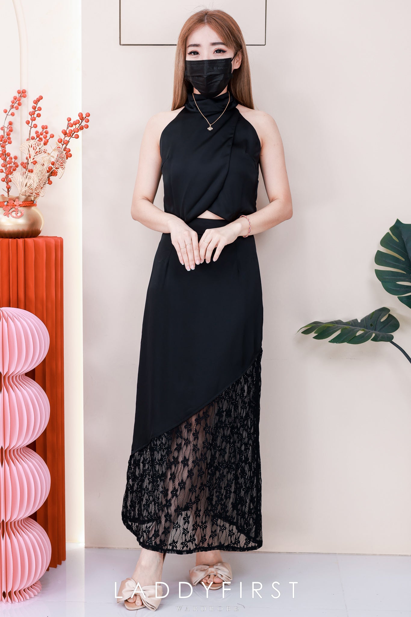 【SS6854】高品质两件式高级感晚宴缎面蕾丝套装 高领CUT IN缎面上衣➕缎面拼接蕾丝长裙 ❤️❤️