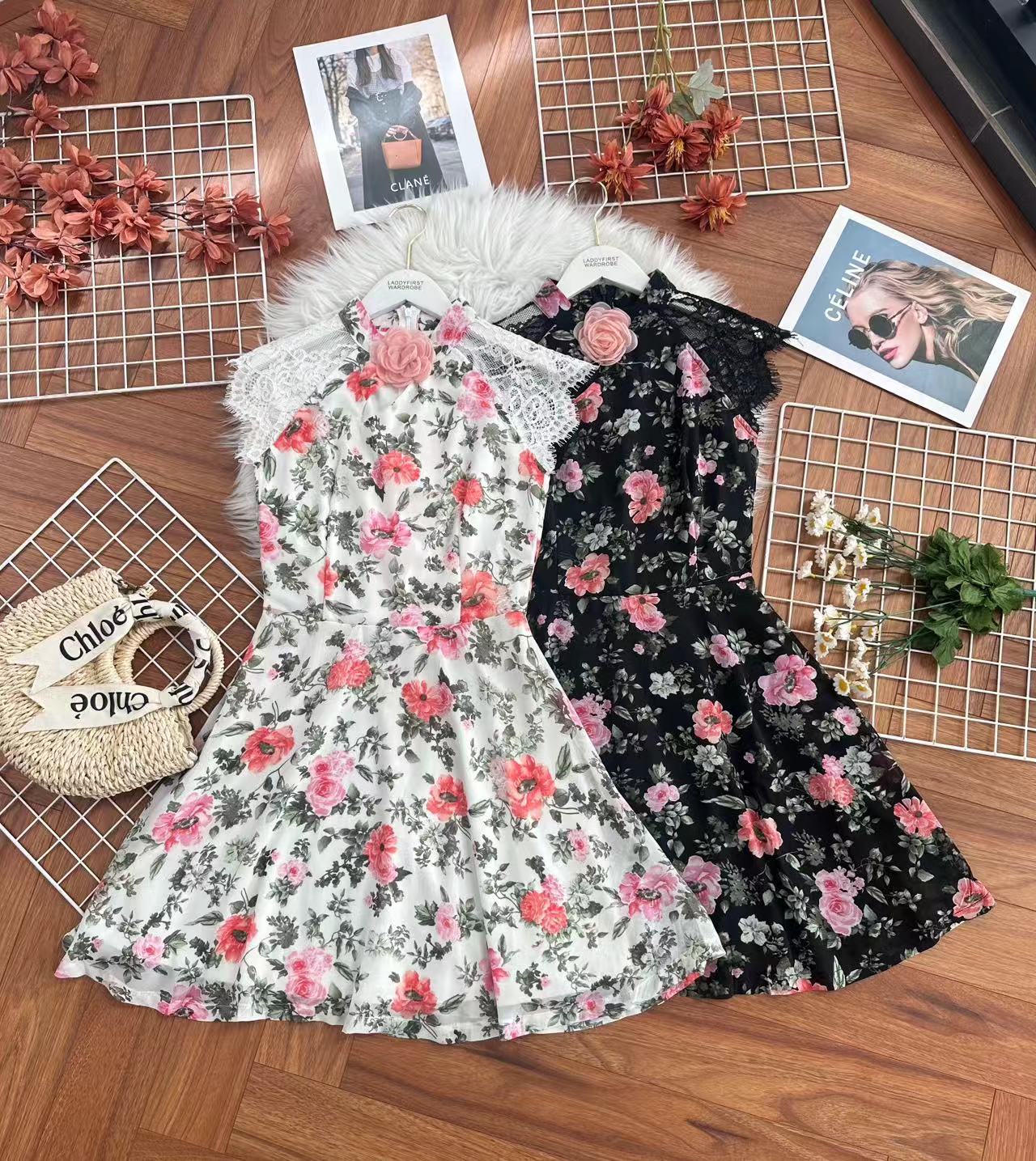 【D8234111】高品质立体花瓣领设计雪纺印花连身裙子 ❤❤