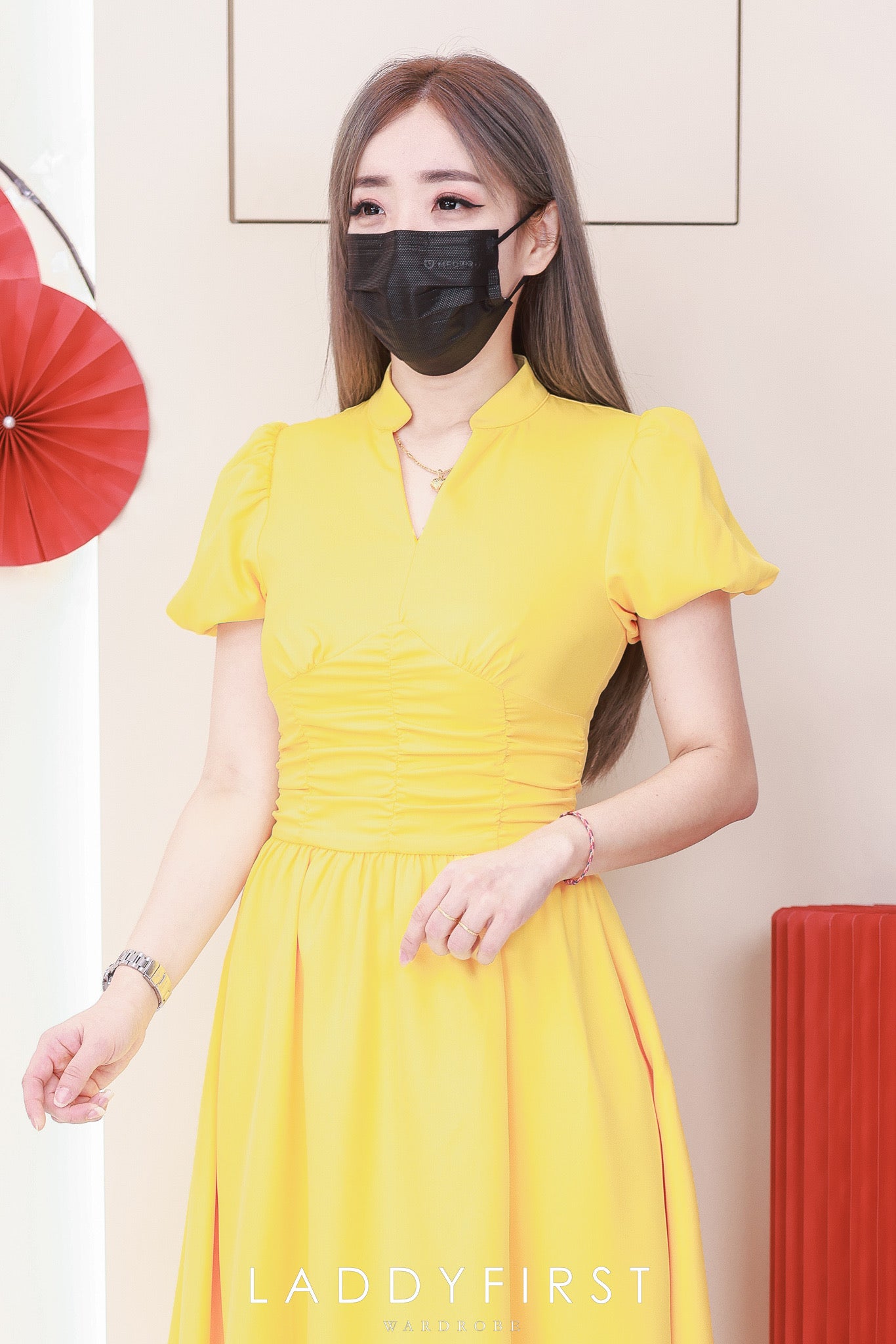 【D3502】【网站福利款✨】【LFW独家小圆饼】高品质轻熟温柔风V领泡泡袖皱褶收腰设计连身裙子 ❤️❤️ 【D-R2-C2】