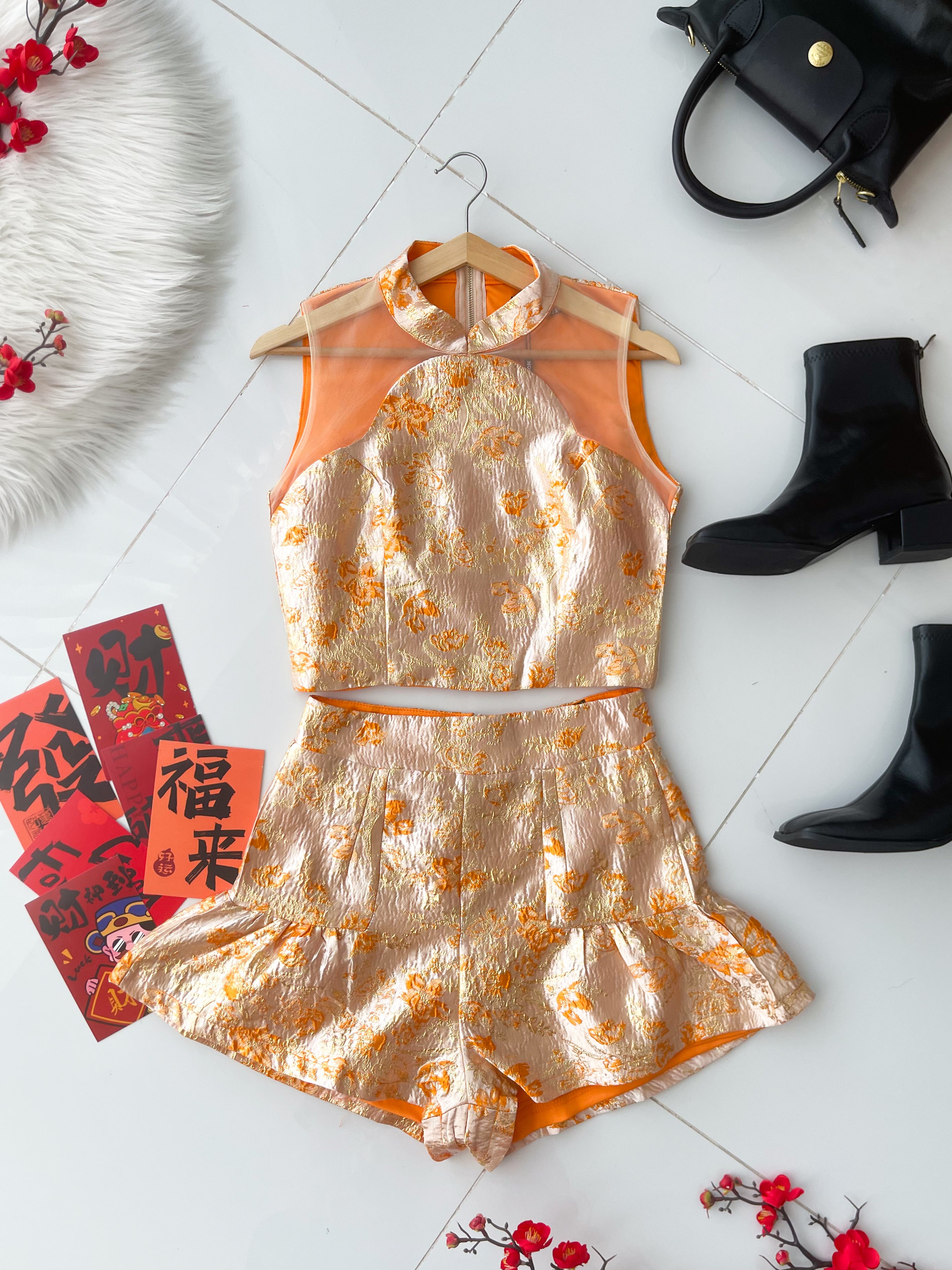 【SS8240071】高品质两件式高档新中式提花旗袍套装 提花拼接无袖网纱提花旗袍上衣➕提花高腰裤裙 ❤️❤️