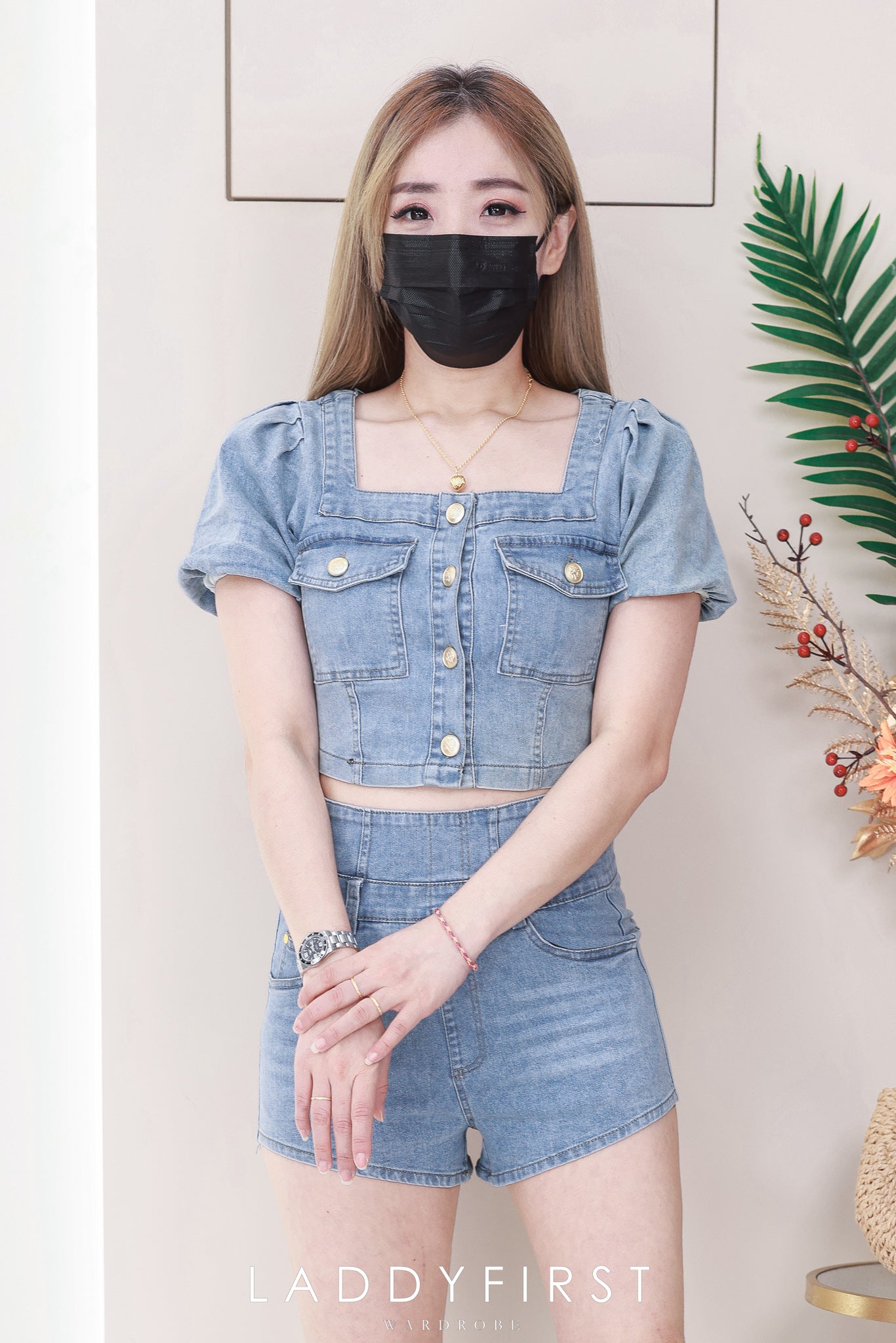 【SS121406】高品质两件式减龄时尚牛仔套装 #COTTON JEANS 翻领泡泡袖牛仔上衣➕牛仔高腰显瘦百搭短裤，有口袋 ❤️❤️