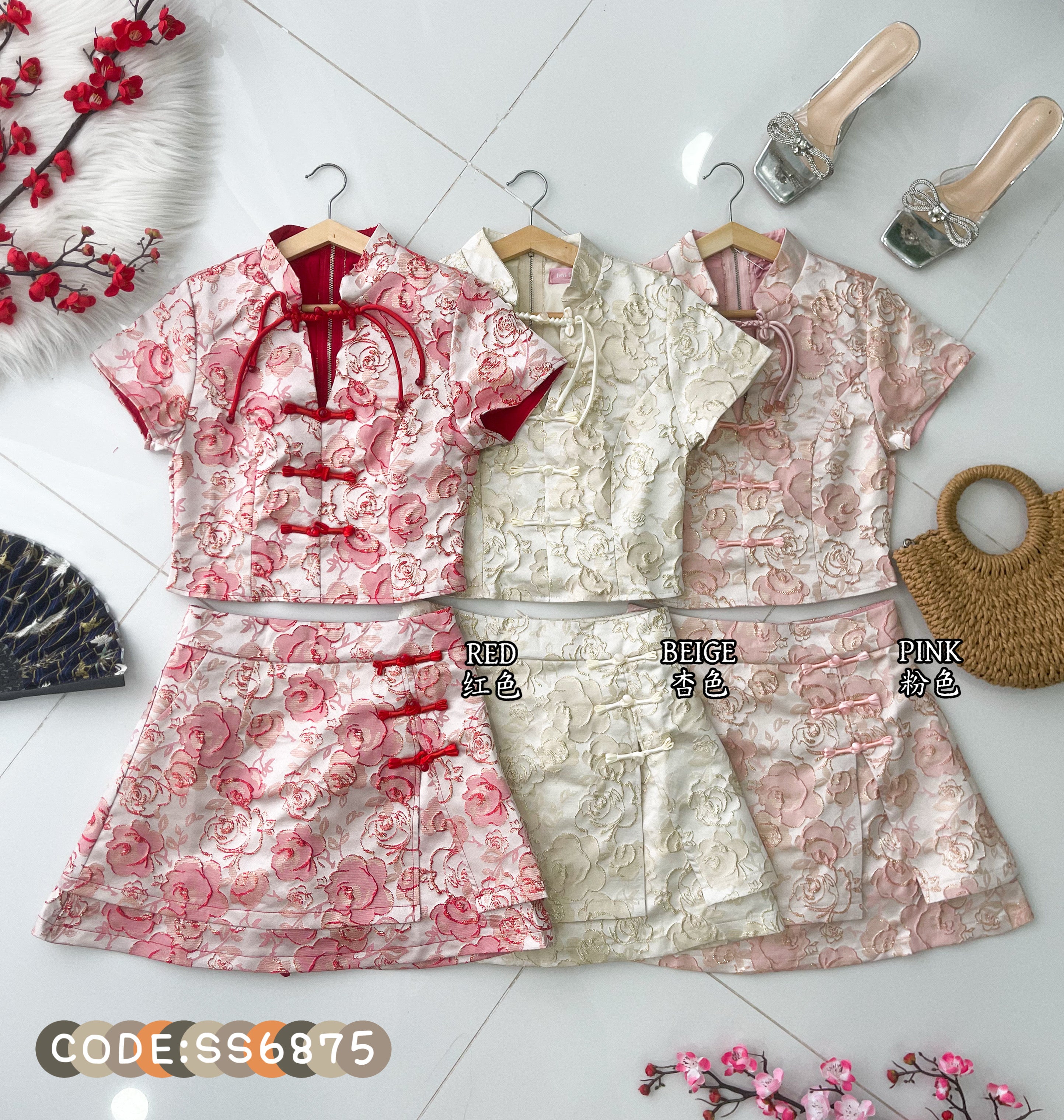 【SS6875】高品质两件式高档气质花开富贵新中式提花旗袍套装 短袖提花旗袍上衣➕提花旗袍高腰裙子，内层有里布短裤 ❤️❤️【A-R1-C4】