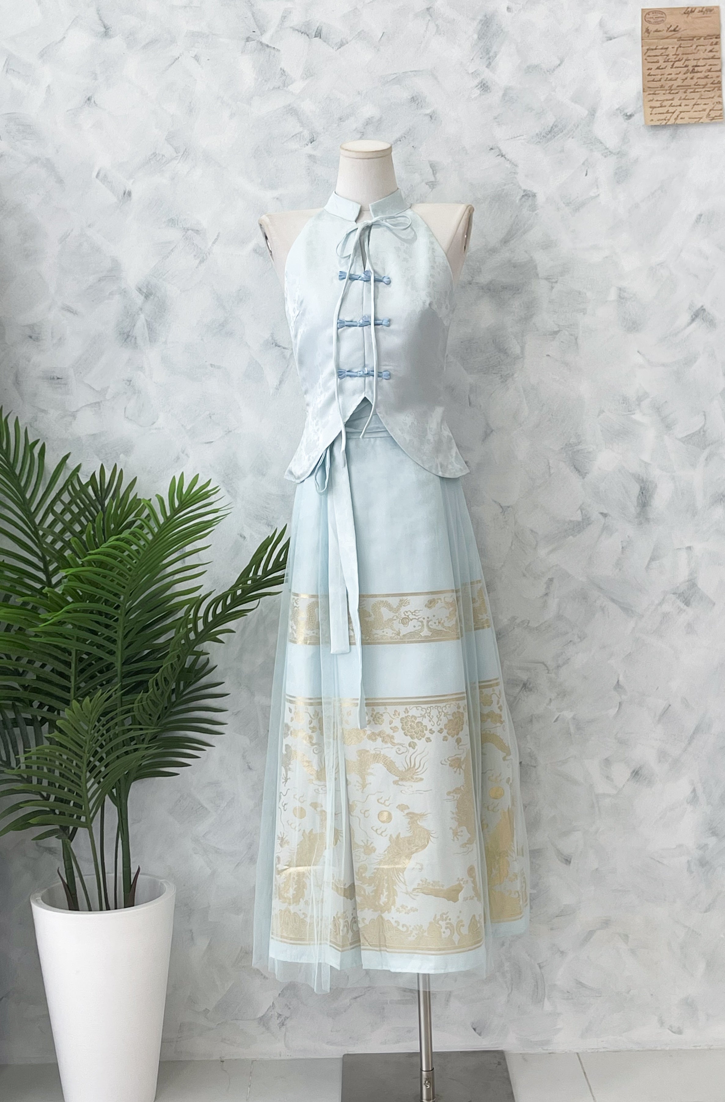 【SS2707】高品质两件式高贵贵气金线龙凤展翔马面裙旗袍套装 缎面无袖旗袍上衣➕高腰百褶马面长裙 ❤️❤️