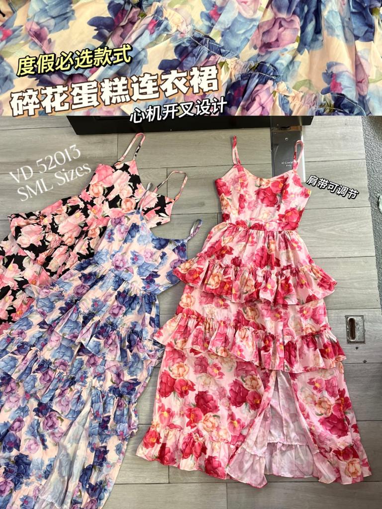 【D520131】⚡补货预订款⚡无袖自调肩带碎花连身裙子，侧边开叉设计 ❤️❤️
