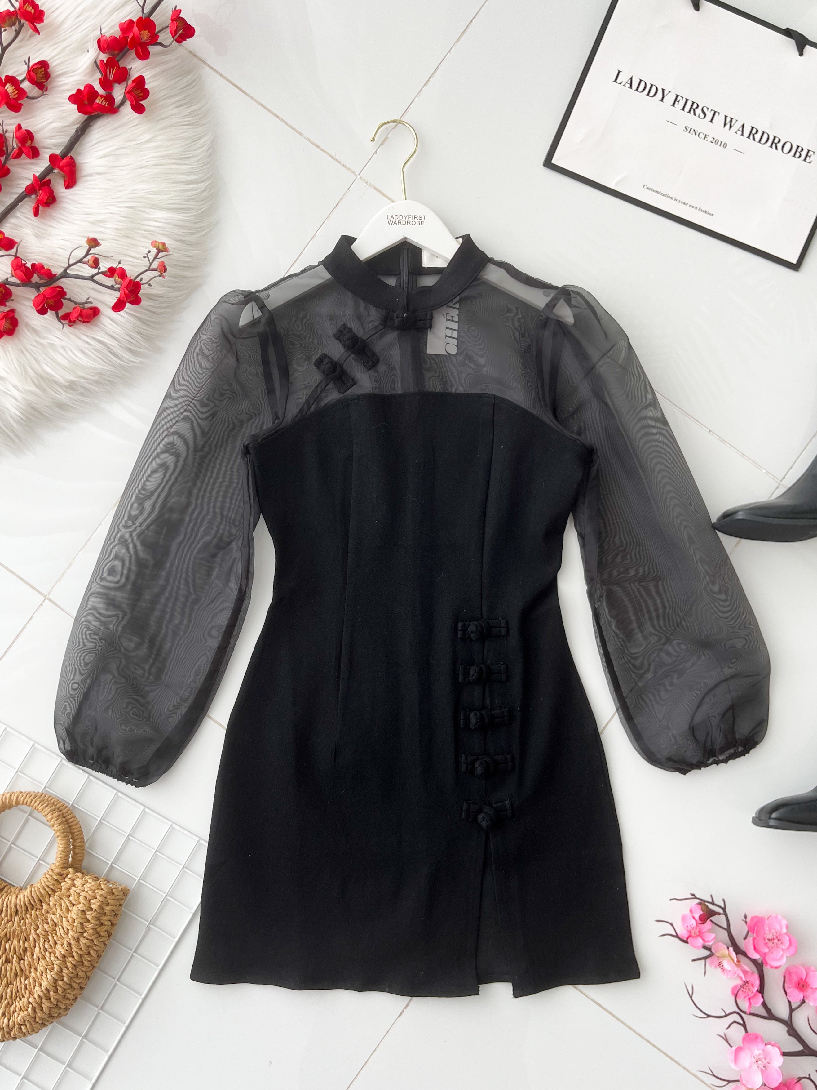 【D2640】高品质优雅气质透视网纱拼接牛仔旗袍连身裙子 ❤❤【B-R2-C4】