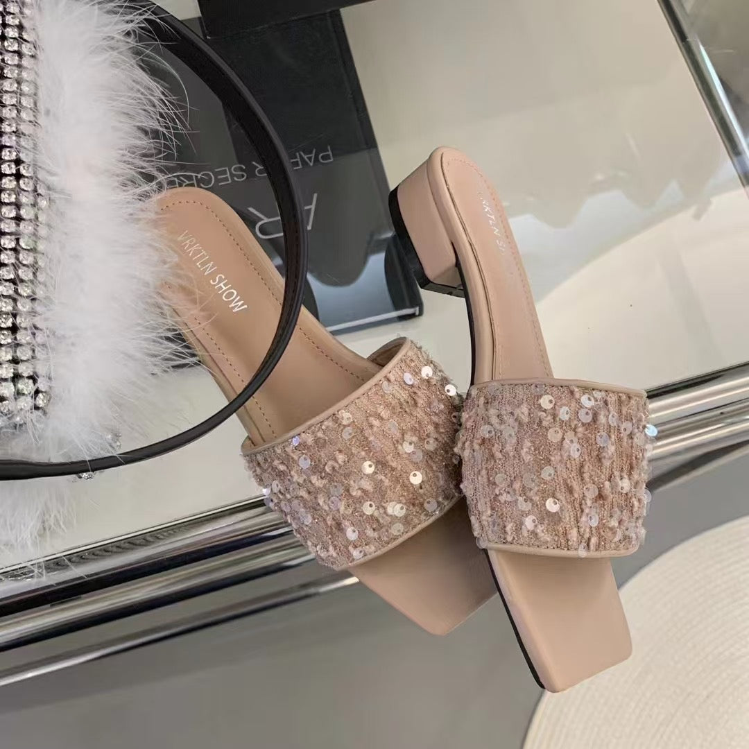 【DG168-1】🔅精选预购款🔅 高级感法式仙女小众低跟方头BLINK亮片小凉拖 ❤️