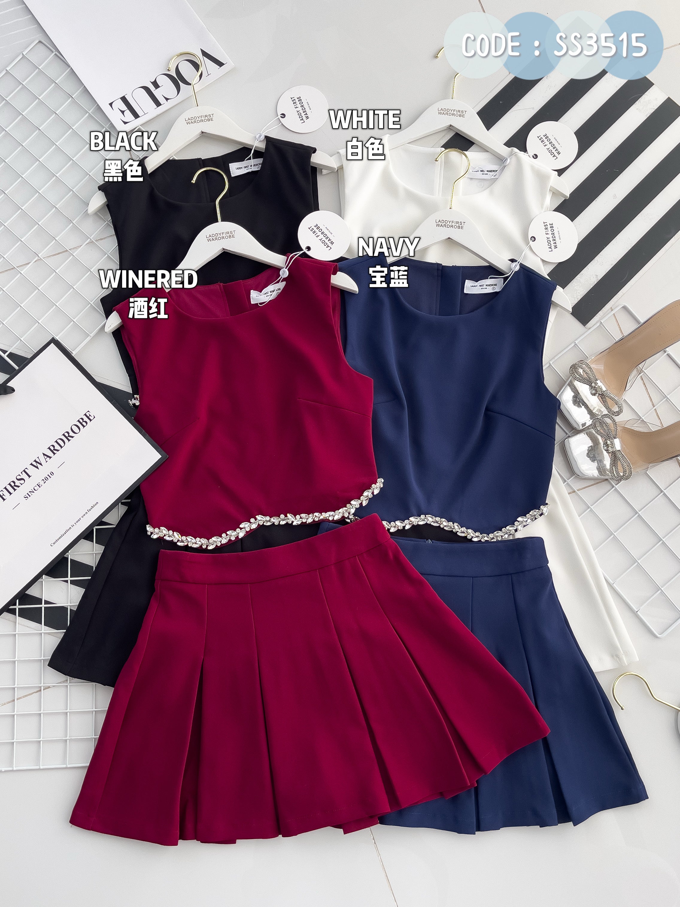 【SS3515】【LFW独家小圆饼】高品质两件式减龄时尚西装套装 拼接精致水钻无袖西装上衣➕学院风西装高腰百褶裙子，内层有里布短裤 ❤️❤️
