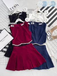 【SS3515】【LFW独家小圆饼】高品质两件式减龄时尚西装套装 拼接精致水钻无袖西装上衣➕学院风西装高腰百褶裙子，内层有里布短裤 ❤️❤️