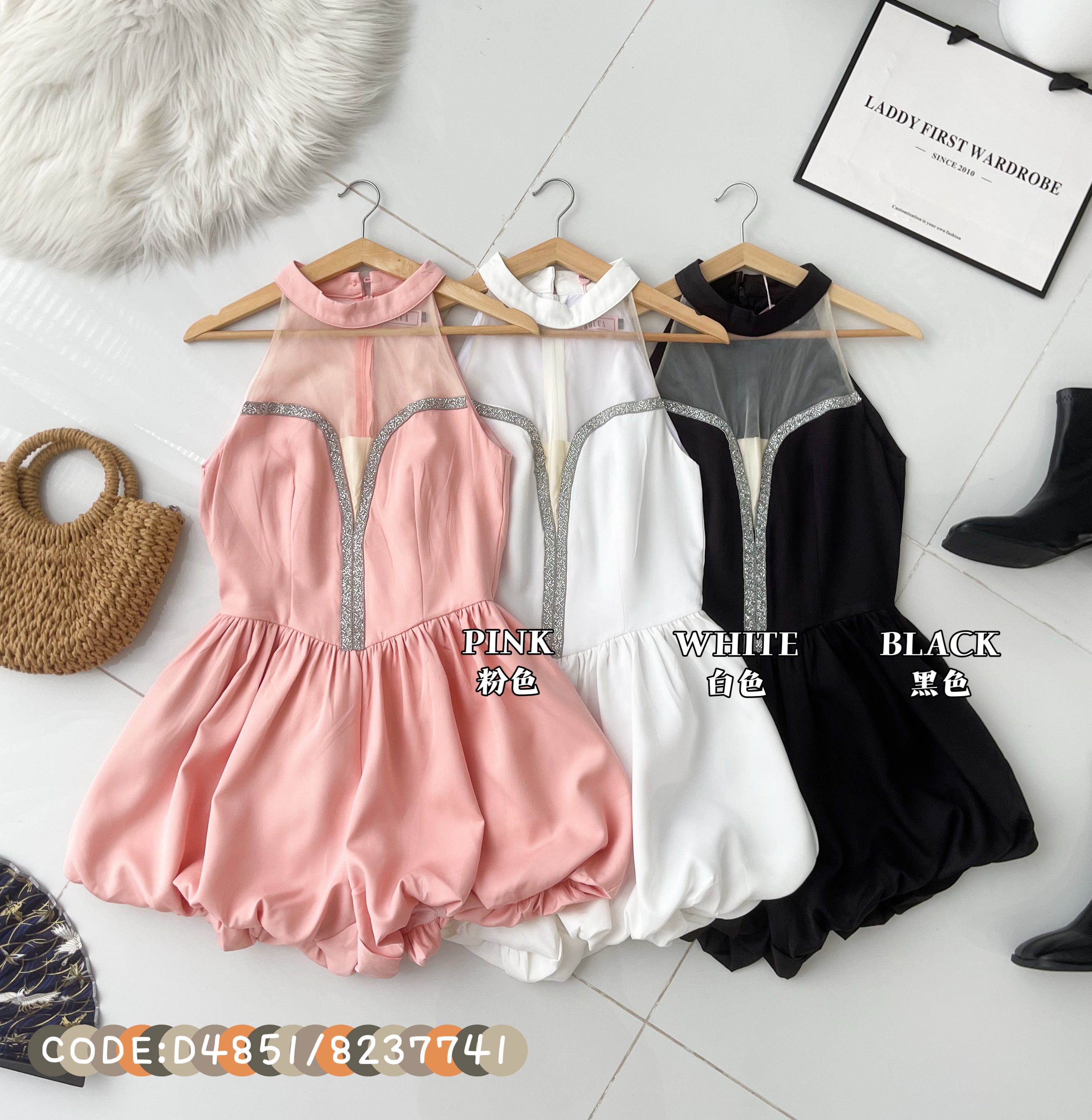 【D8237741】高品质精美烫钻设计拼接缎面无袖蓬蓬花苞连身短裤 ❤❤【B-R3-C2】