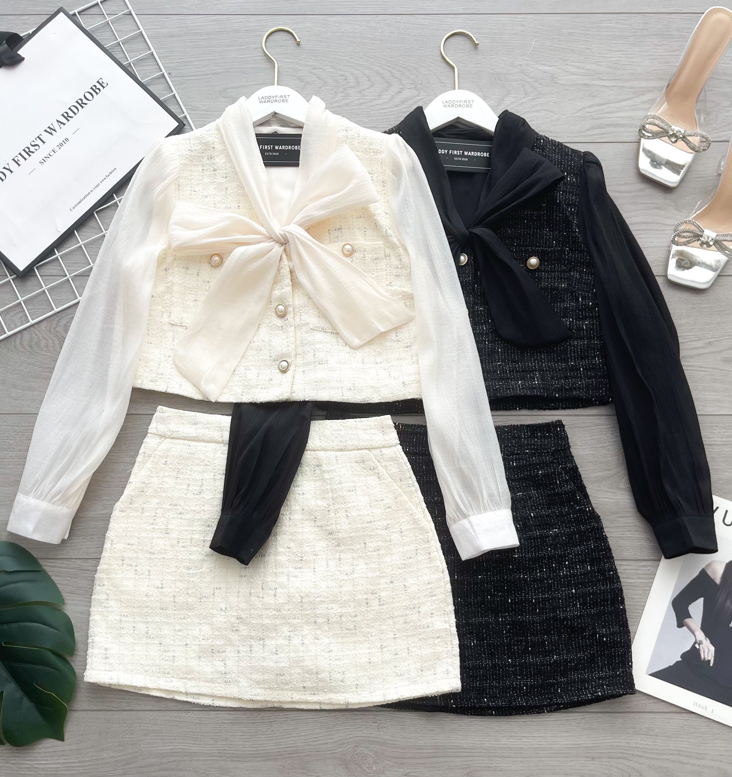 【SS21801 / 37653】高品质两件式轻奢名媛款小香风套装 小香风拼接雪纺长袖上衣➕小香风高腰裙子，内层有里布短裤，有口袋 ❤️❤️