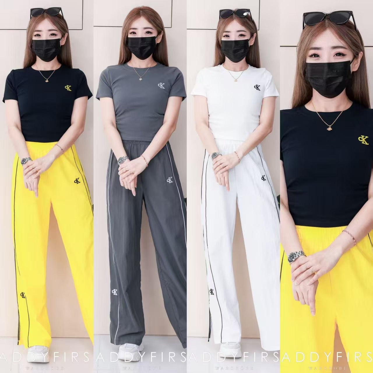 【SS1827】高品质气质感CK刺绣运动风简约时尚套装 纯棉弹力百搭上衣➕松紧腰弹力阔脚长裤 ❤❤