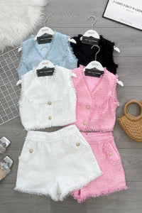 【SS21677 / 37419】高品质两件式精致马甲式小香风套装 马甲式小香风上衣➕小香风高腰百搭短裤，有口袋 ❤️❤️ 【D-R1-C4】