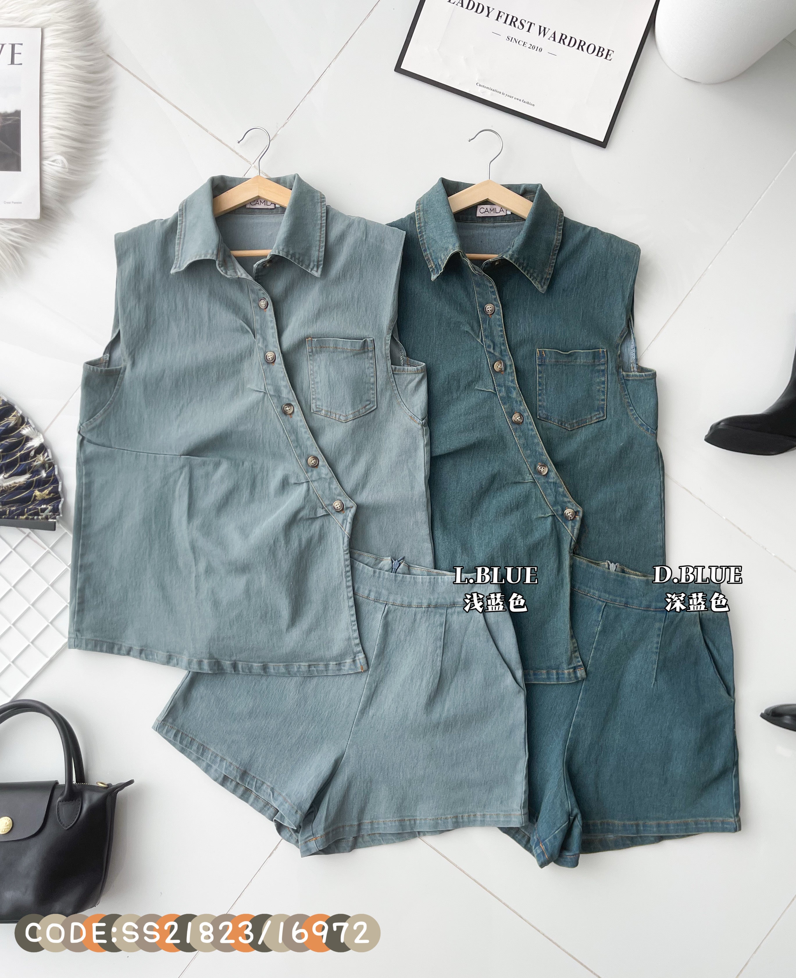 【SS21823 / 16972】高品质两件式夏日减龄洋气牛仔套装 翻领宽松版牛仔上衣➕牛仔高腰百搭短裤，有口袋 ❤️❤️