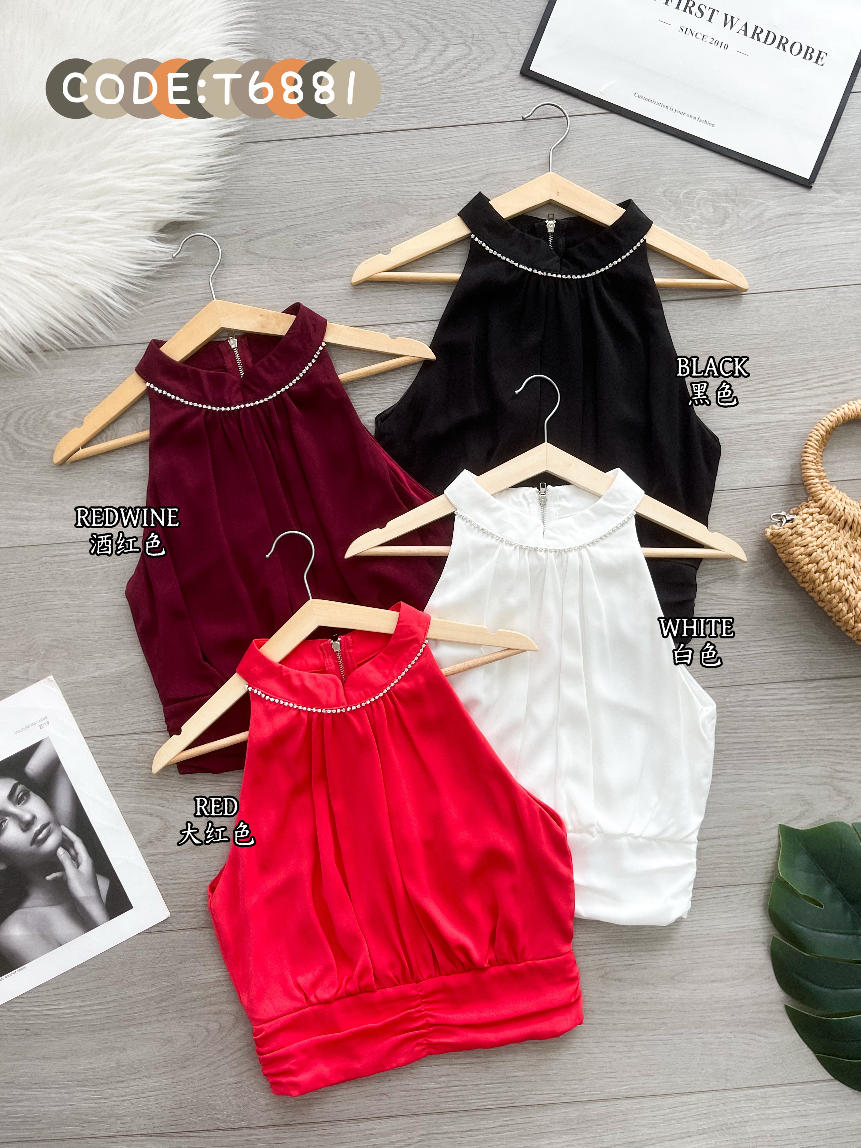 【T6881】高品质雪纺拼接钻石领CUT in无袖时装上衣 ❤❤