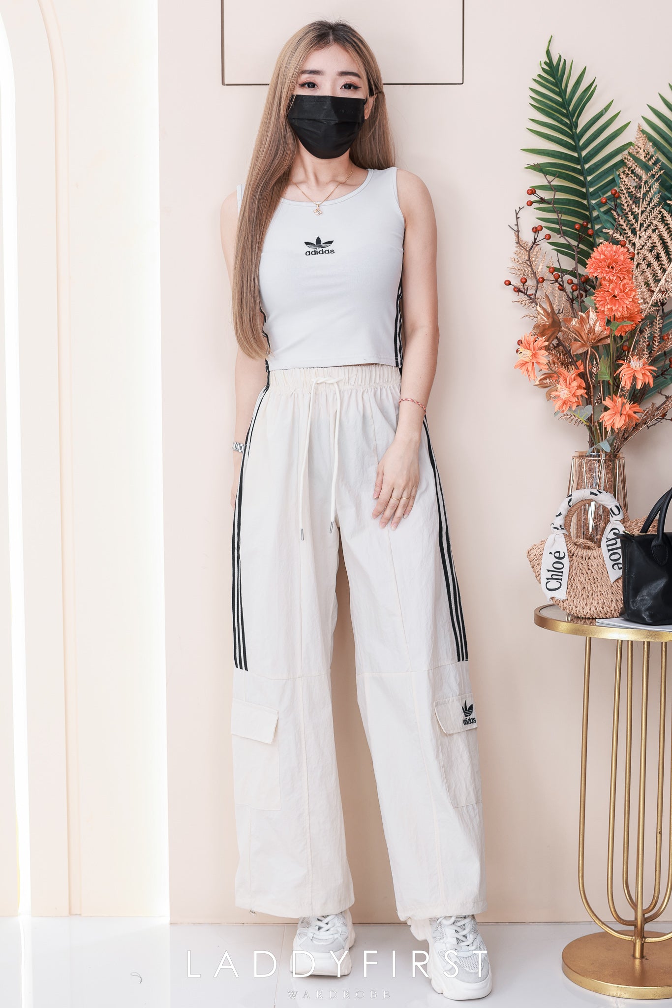 【SS1623】高品质两件式A牌休闲运动套装 纯棉弹力A牌刺绣无袖上衣➕松紧腰弹力阔脚高腰长裤，有口袋 ❤️❤️
