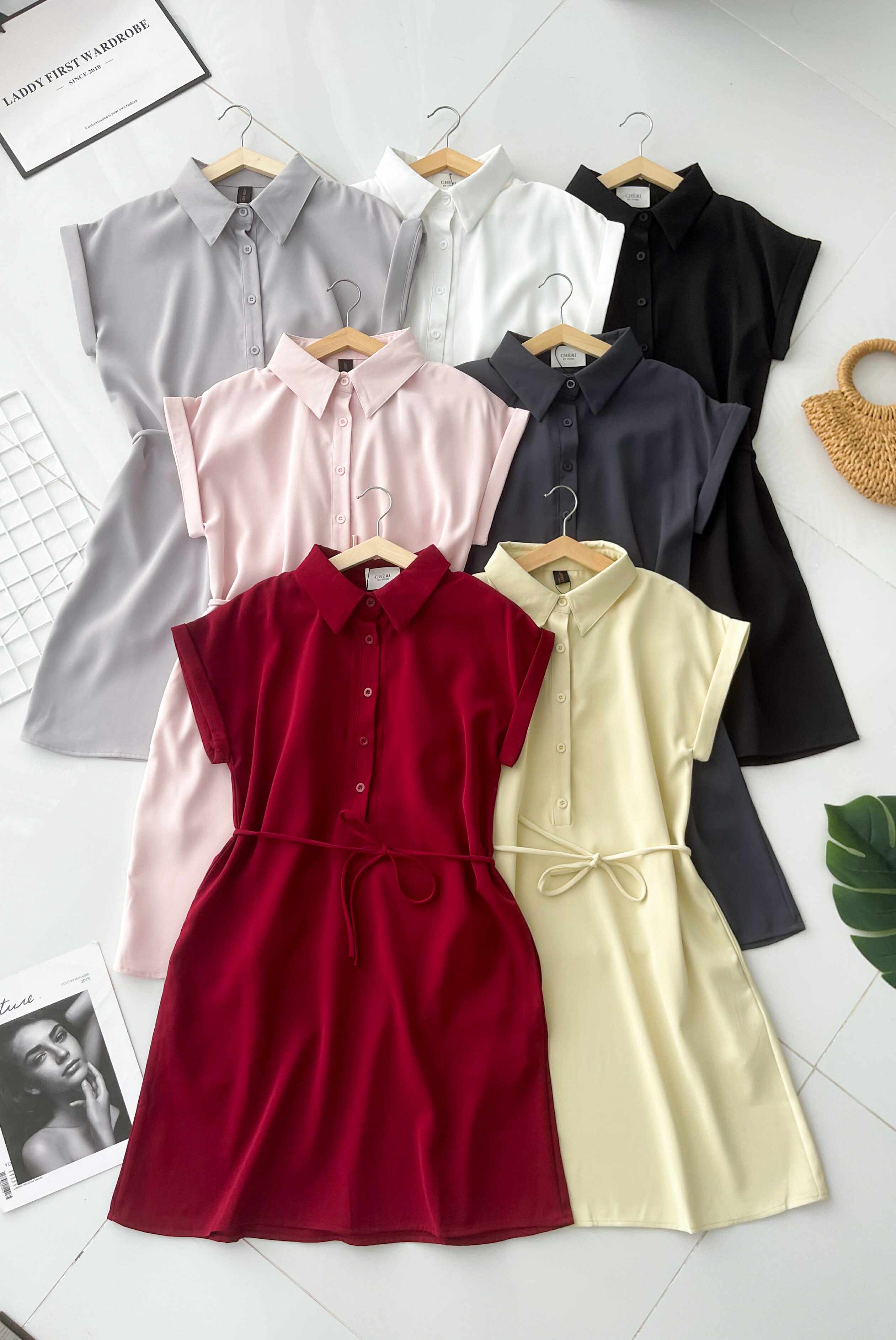 【D1783】独家爆款高品质翻领短袖收腰自绑细带西装垂感慵懒休闲风连身裙子，有口袋 ❤️❤️【A-R2-C1】