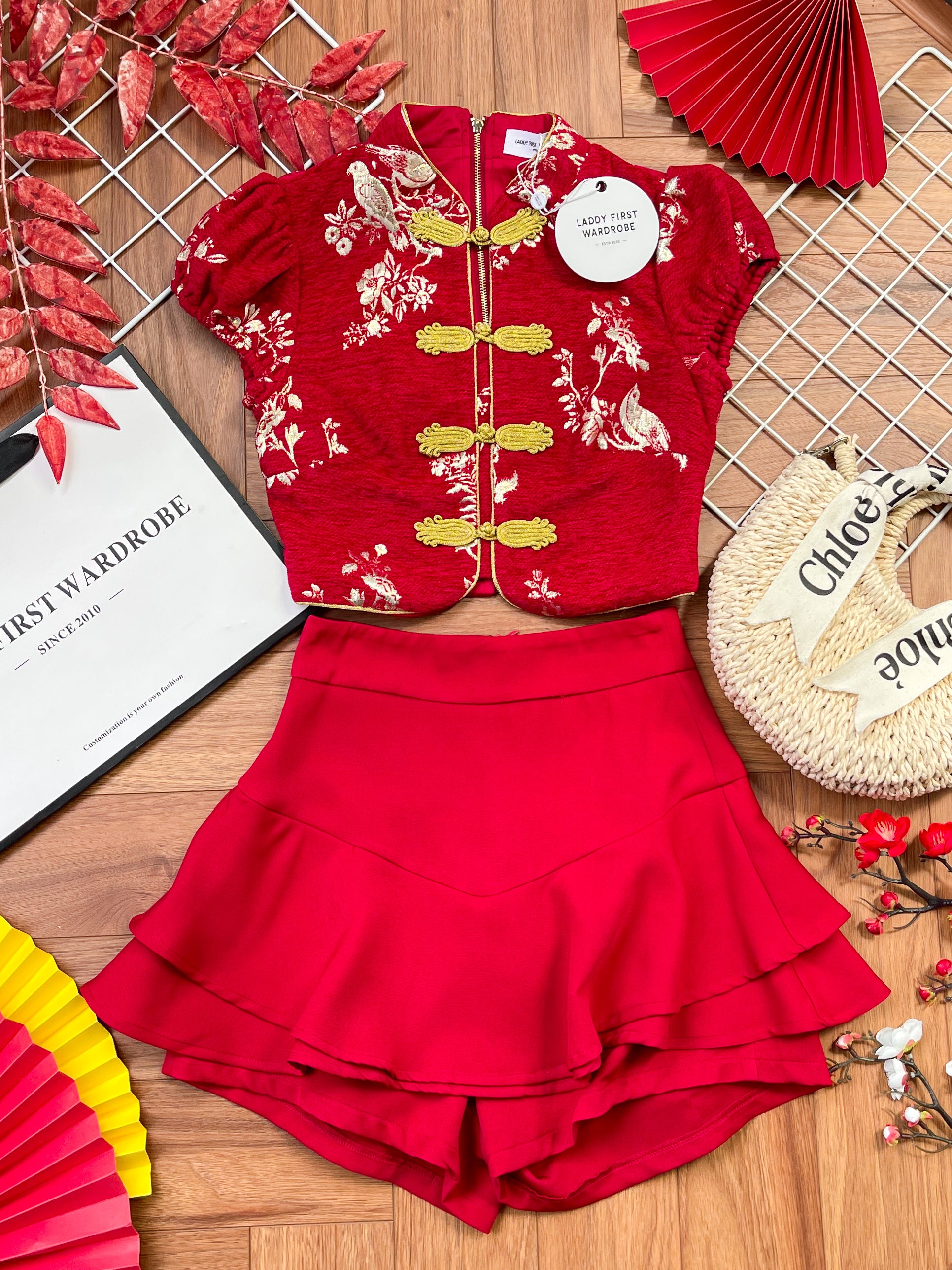 【SS3499】【LFW独家小圆饼】高品质两件式新中式高端国风提花旗袍套装 精致金线盘扣提花旗袍上衣➕荷叶下摆西装高腰百搭裤裙 ❤️❤️7