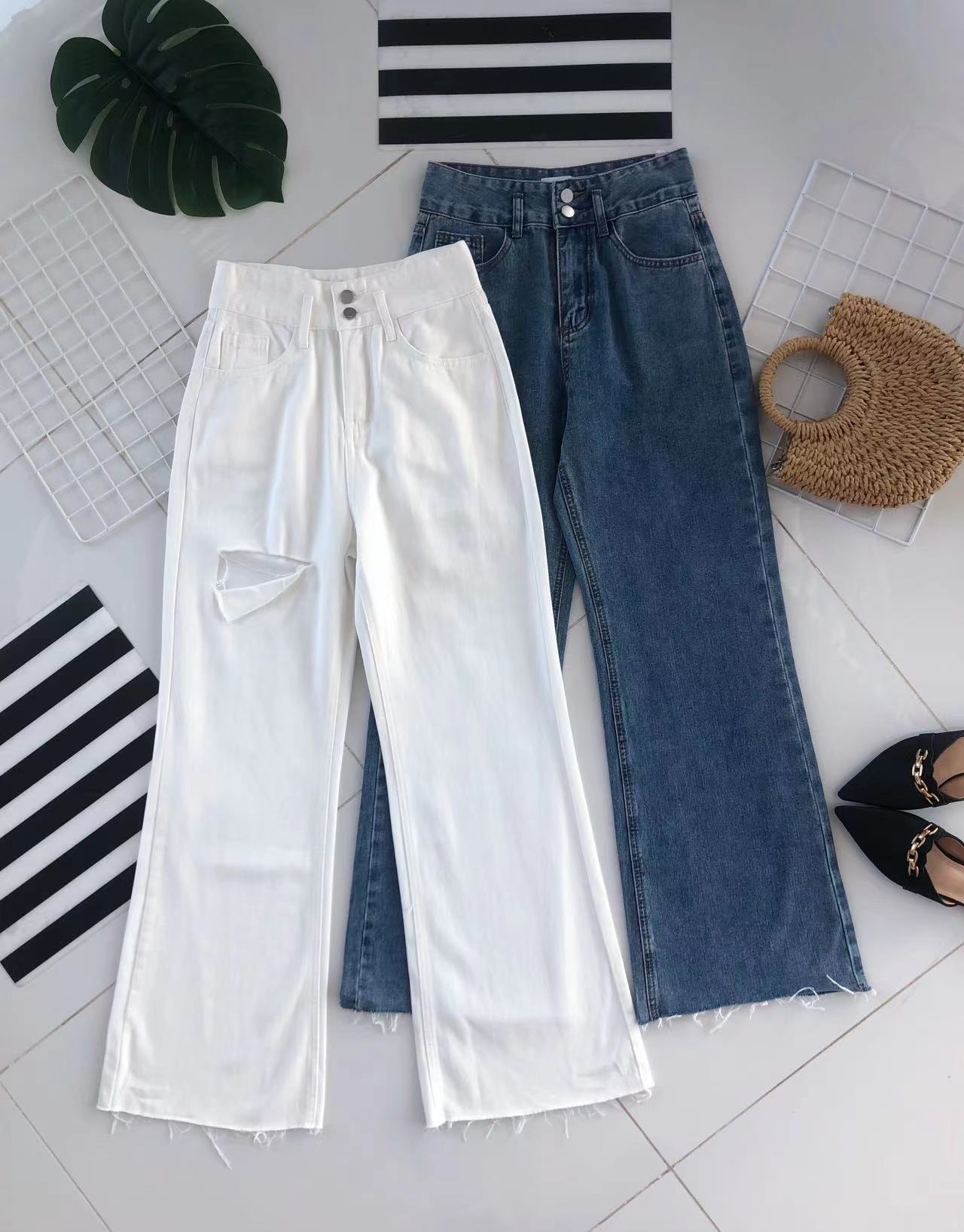 【L61183】高品质气质牛仔高腰阔脚休闲百搭长裤，有口袋 ❤️❤️