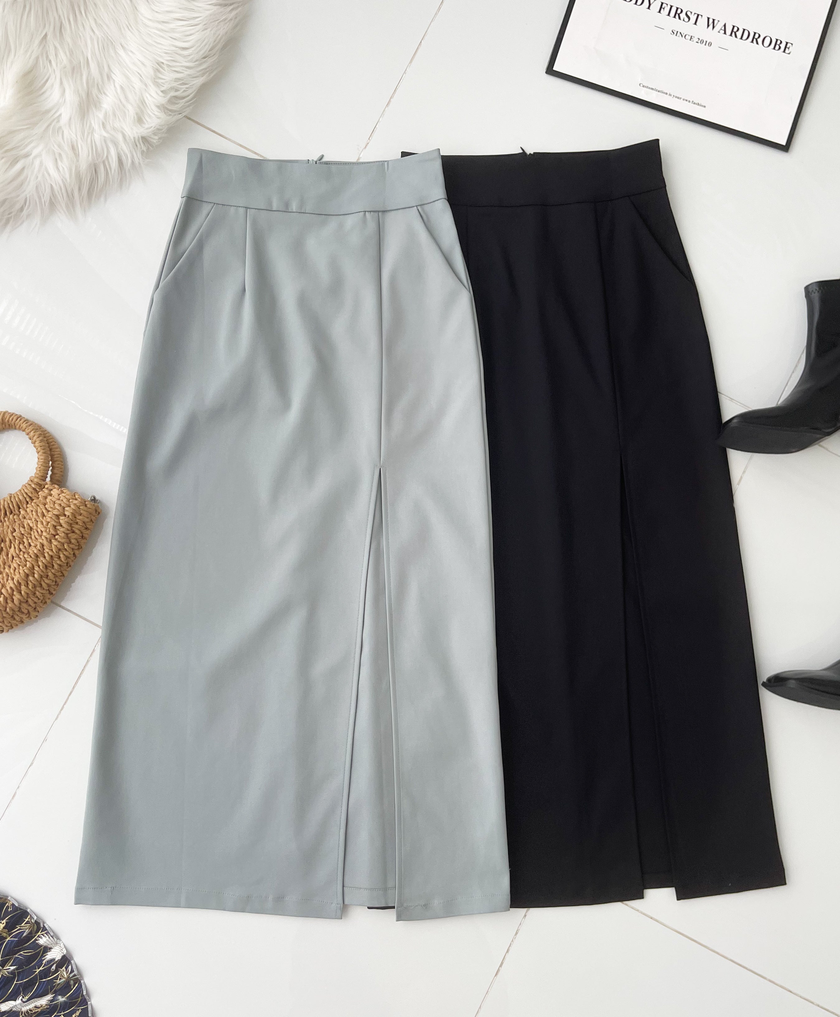 【L82962】高品质韩式修身显腰开叉设计锦棉OL高腰百搭长裙，有口袋 ❤️❤️