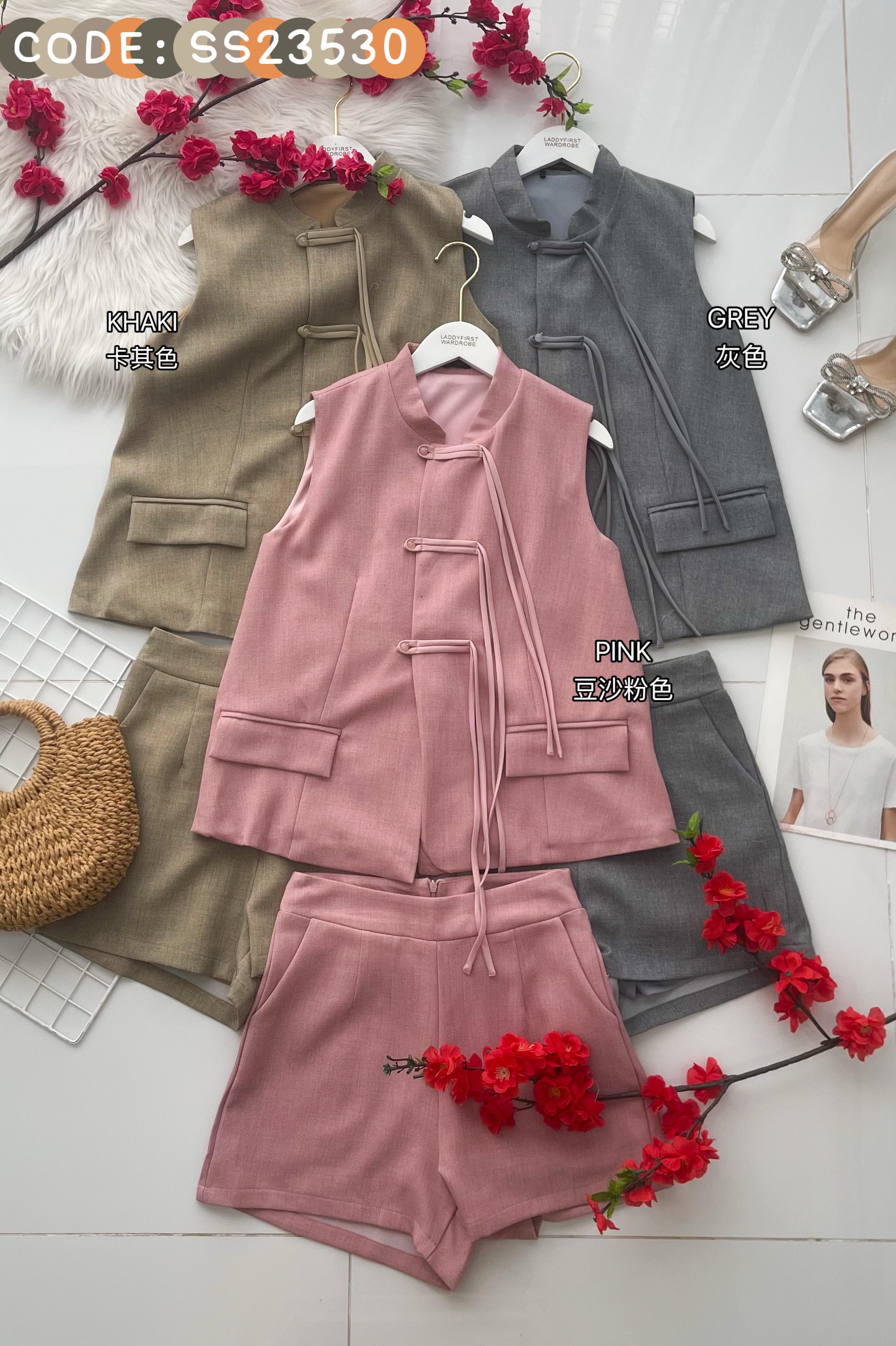 【SS23530】高品质两件式新中式国风马甲式旗袍套装 马甲式宽松版旗袍上衣➕西装高腰百搭短裤，有口袋 ❤️❤️