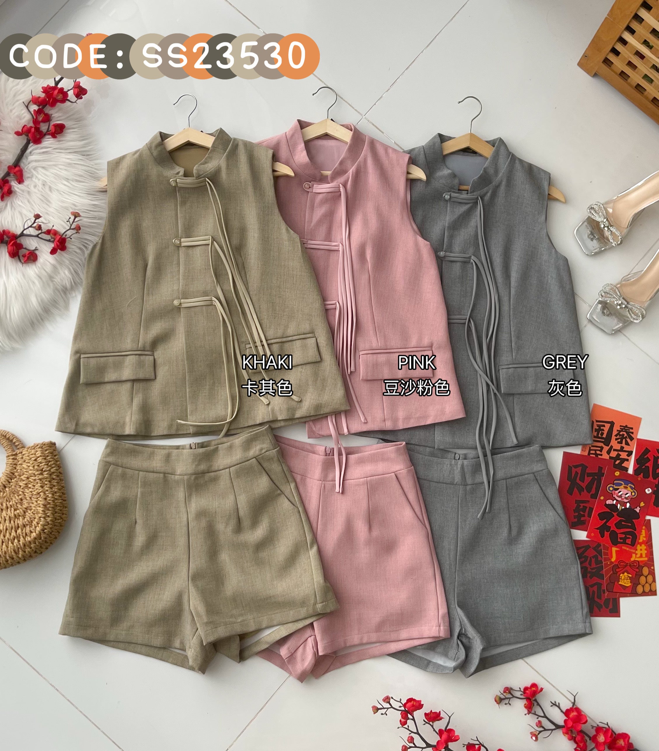 【SS23530】高品质两件式新中式国风马甲式旗袍套装 马甲式宽松版旗袍上衣➕西装高腰百搭短裤，有口袋 ❤️❤️