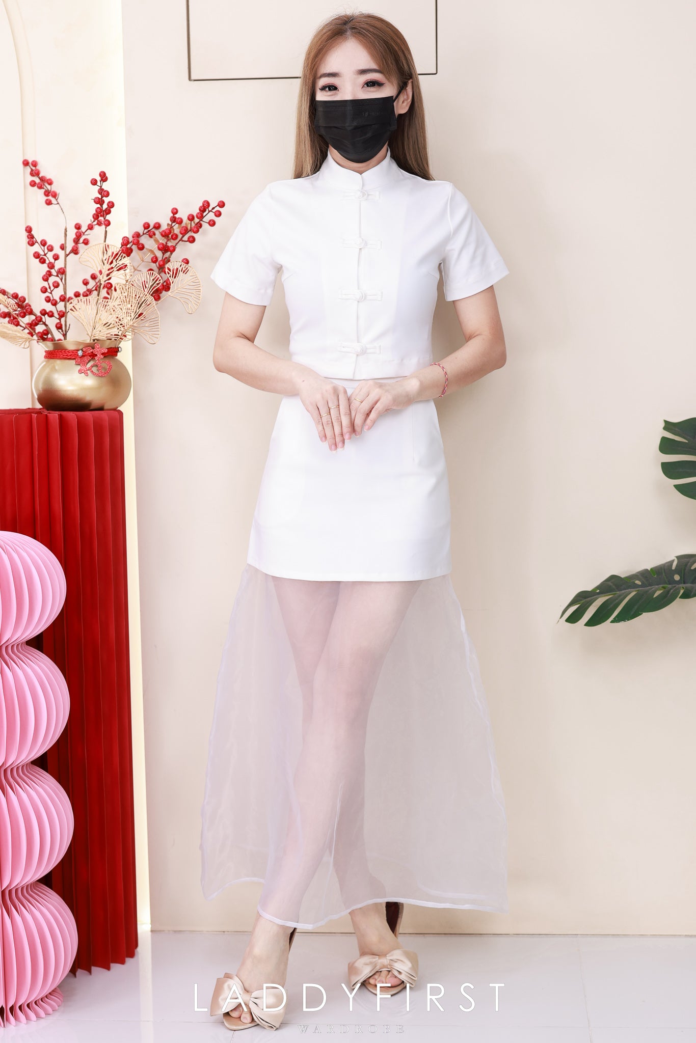 【SS2758】高品质两件式旗袍套组 锦棉旗袍短袖上衣➕锦棉拼接网纱裙子 ❤️❤️