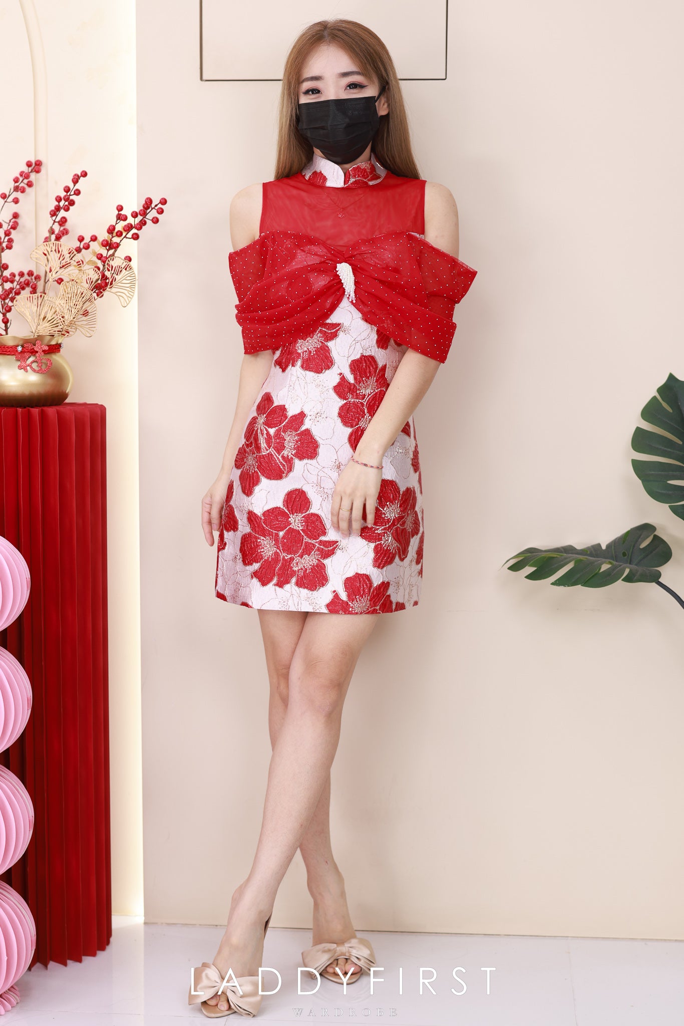 【D8238901】⚡️精选预定款⚡️高品质高端气质拼接网纱蝴蝶结提花旗袍连身裙子 ❤️❤️