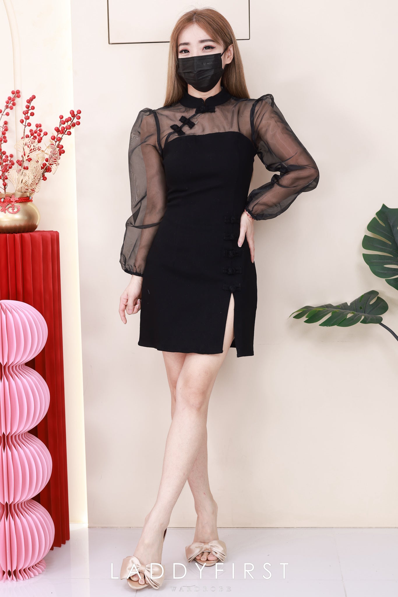 【D2640】高品质优雅气质透视网纱拼接牛仔旗袍连身裙子 ❤❤【B-R2-C4】