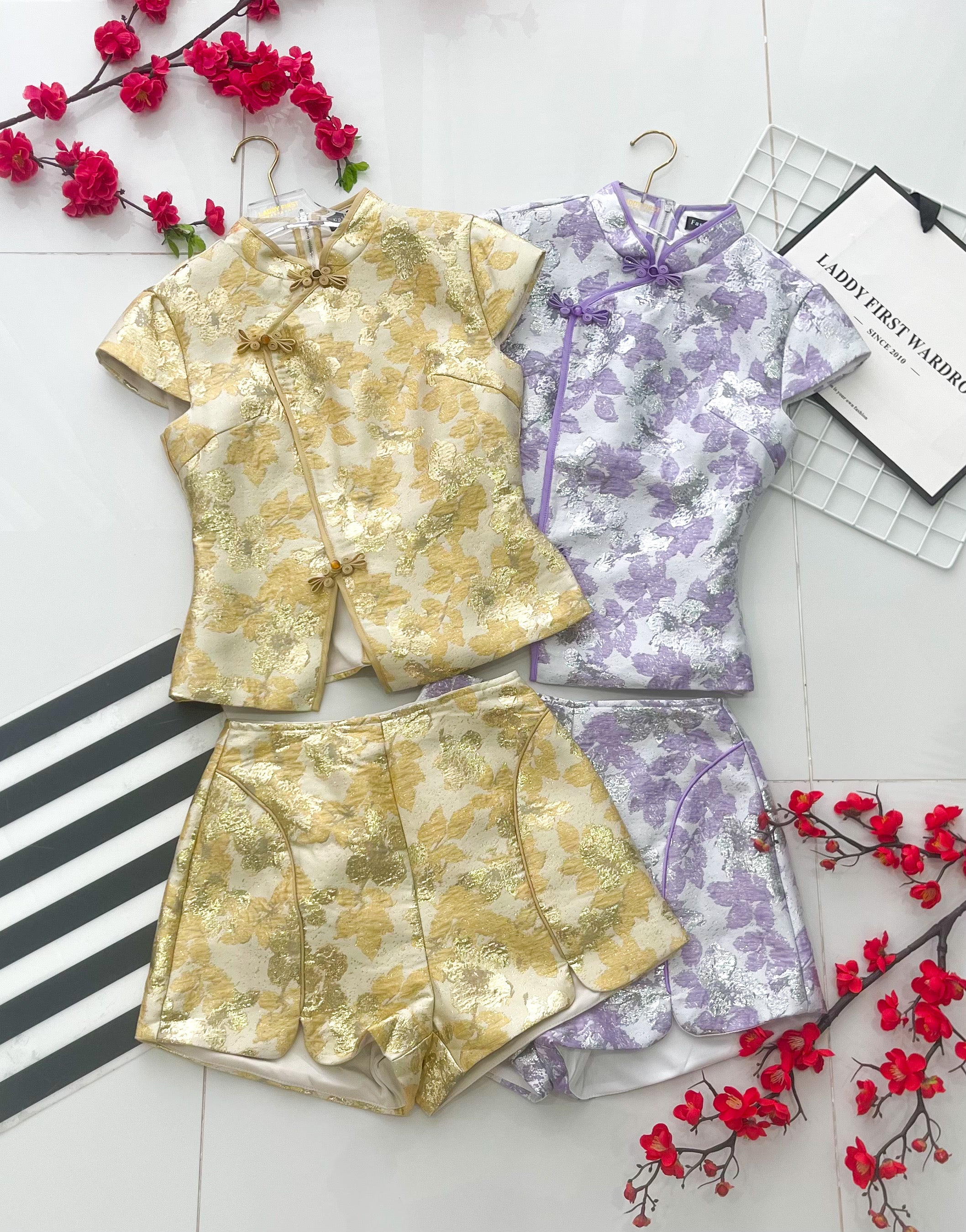 【SS55350】高品质两件式高端气质浮雕提花旗袍套装 提花旗袍上衣➕提花高腰短裤 ❤️❤️【A-R2-C1】