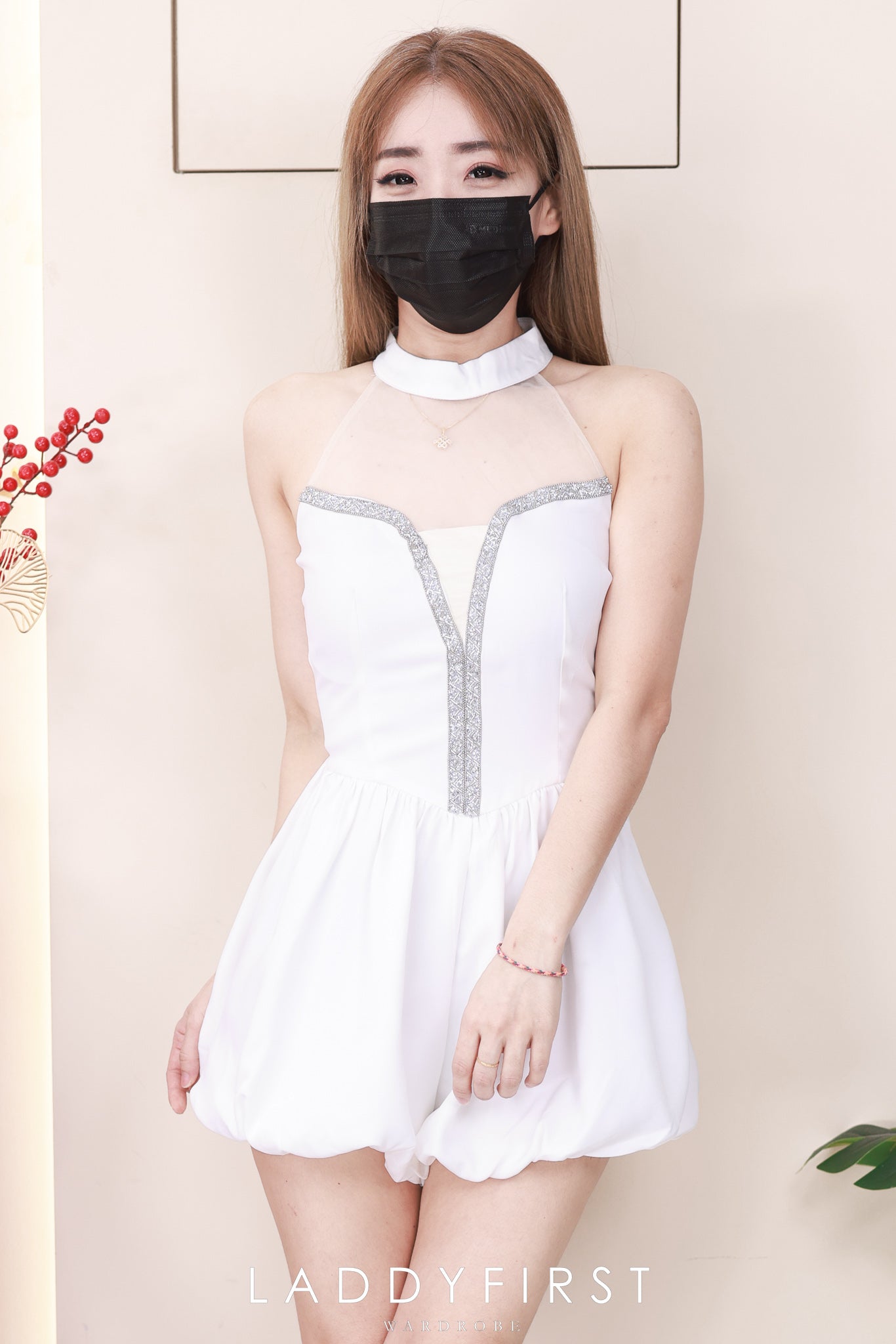 【D8237741】高品质精美烫钻设计拼接缎面无袖蓬蓬花苞连身短裤 ❤❤【A-R1-C2】