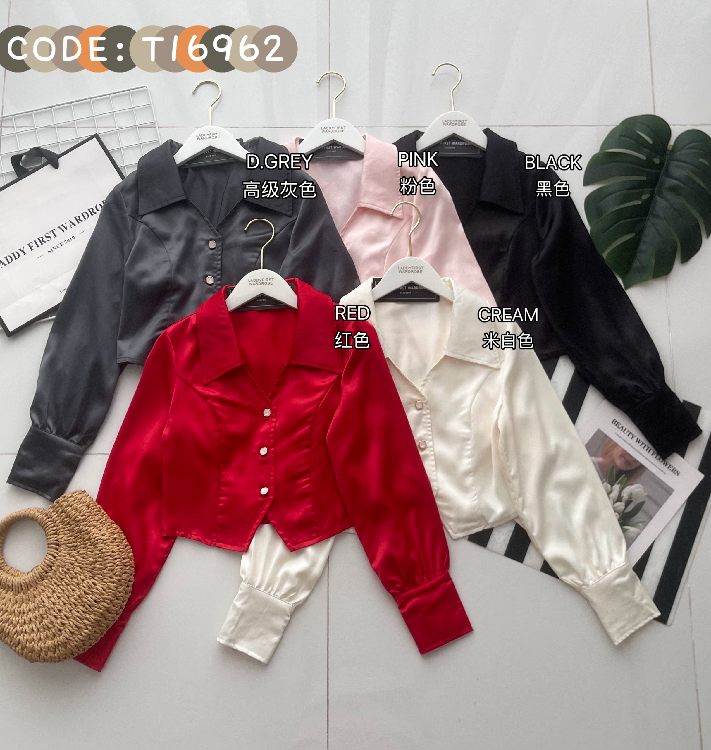 【T16962】高品质港式复古时尚气质显瘦长袖缎面上衣 ❤❤