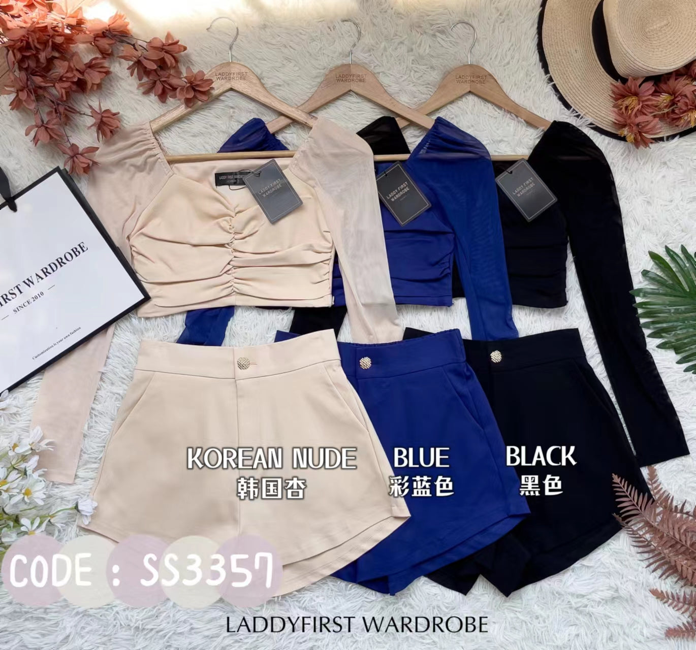 【SS3327】【网站福利款✨】独家爆款两件式西装时装套装 网纱长袖皱褶上衣➕西装高腰短裤，后副伸缩弹力，有口袋