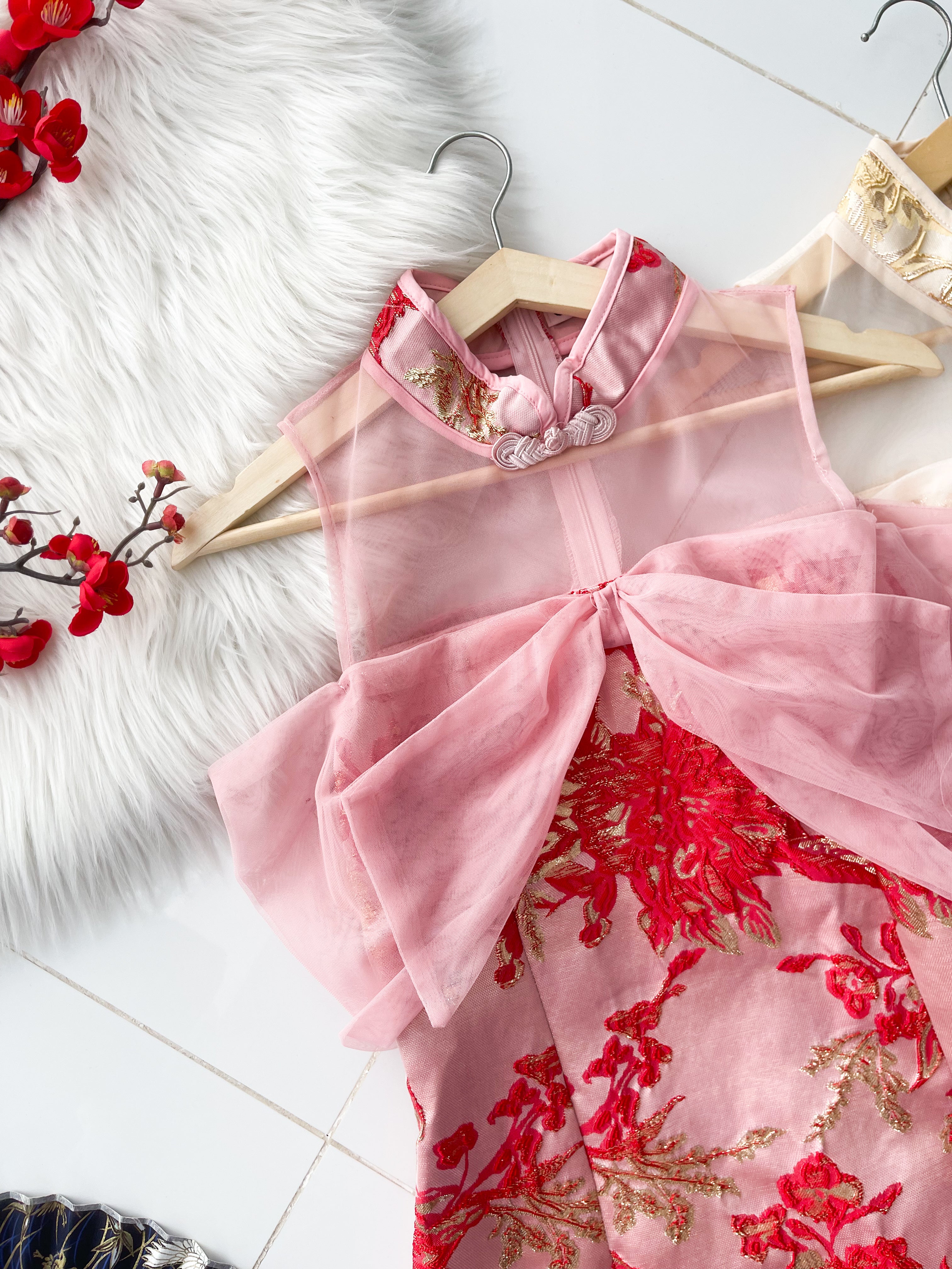 【D81657 / 91318】高品质高端气质拼接网纱蝴蝶结提花旗袍连身裙子 ❤️❤️【A-R2-C6】