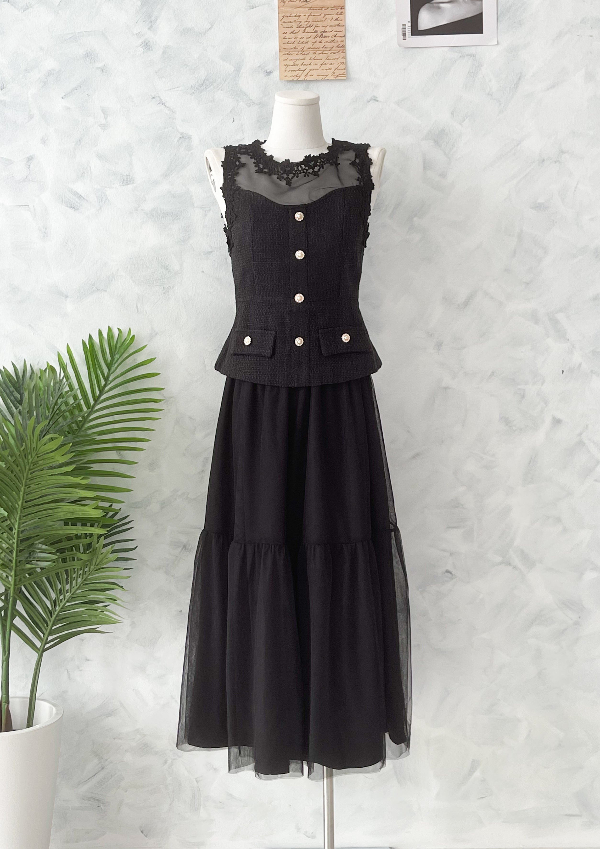 【SS6636】高品质两件式韩式轻奢风时尚套装 小香风上衣➕松紧腰弹力蛋糕网纱长裙 ❤️❤️