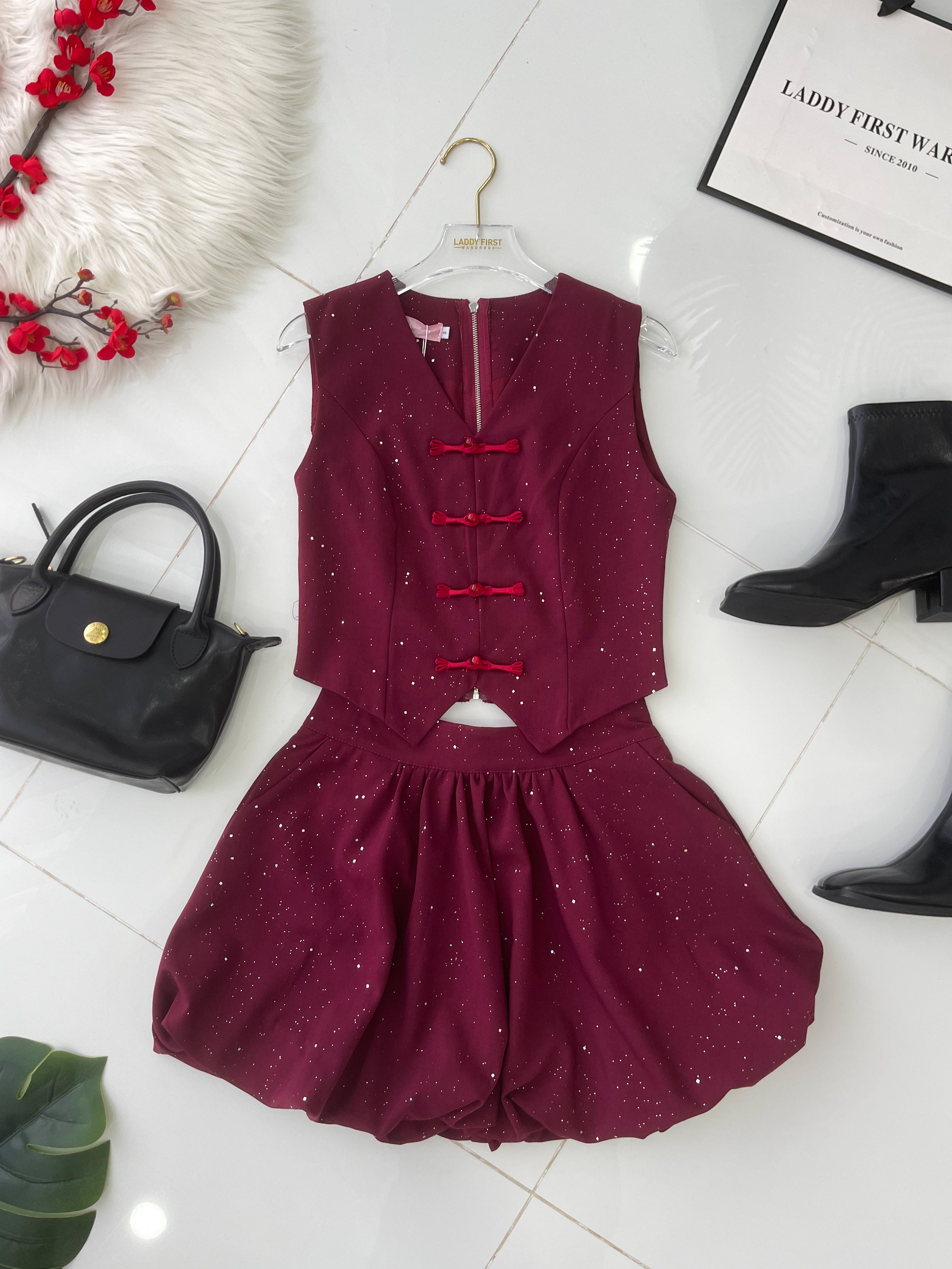 【SS6987】高品质两件式星空细闪新中式花苞旗袍套装 马甲式旗袍上衣➕高腰花苞裙子，内层有里布短裤 ❤️❤️【B-R1-C2】